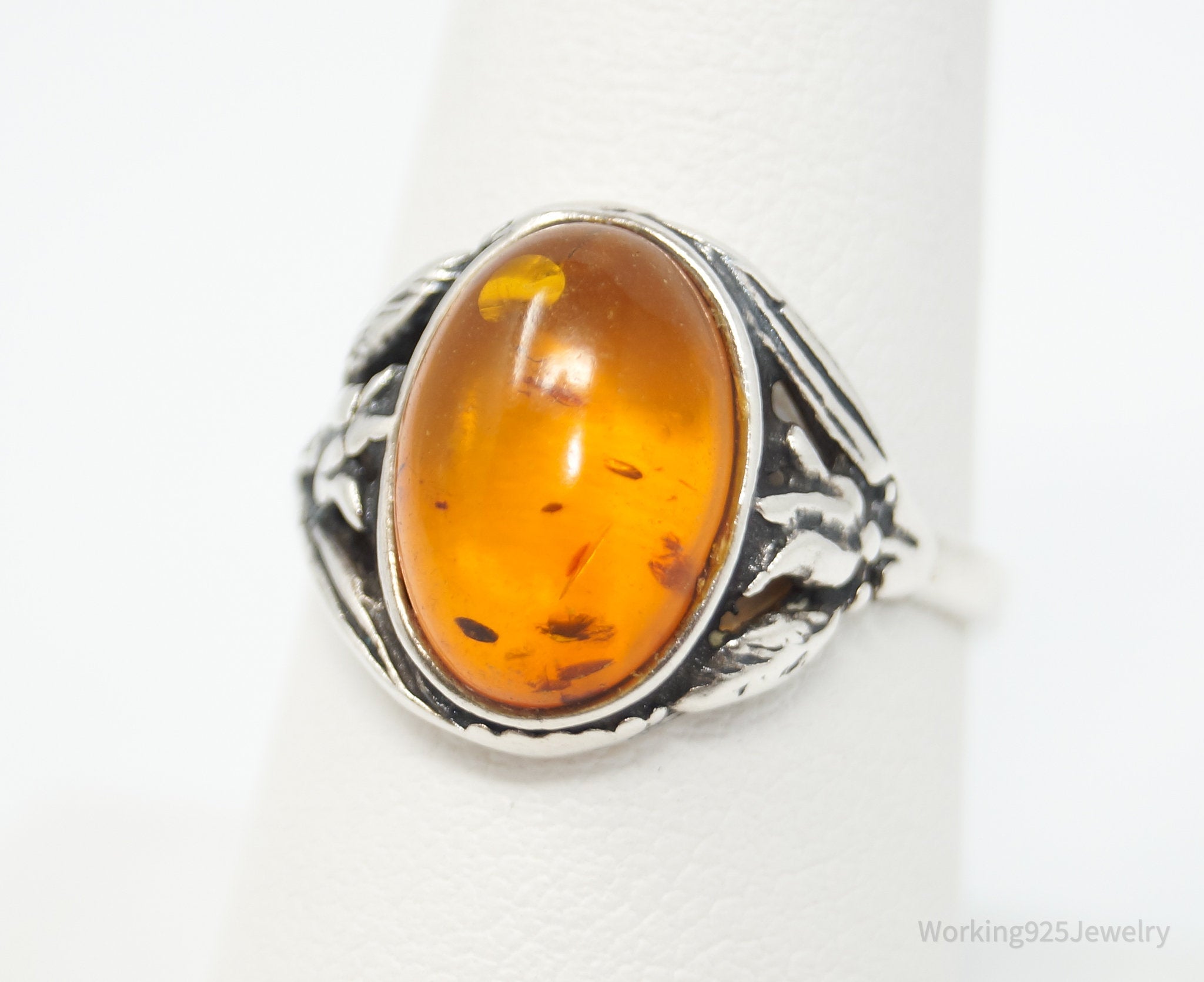 Vintage Baltic Amber Floral Sterling Silver Ring - Size 8