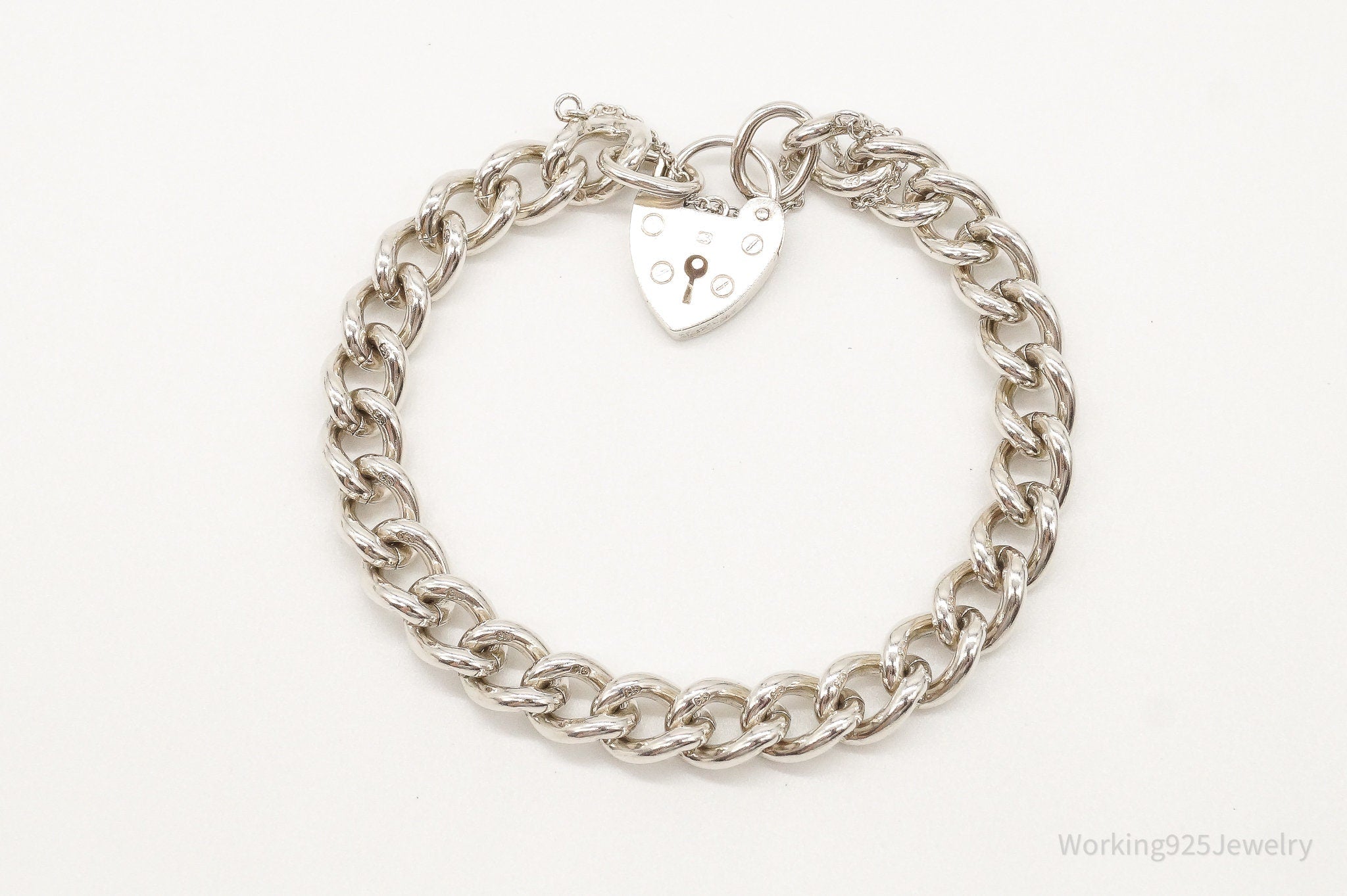 Antique Heart Pad Lock Charm Lover Sterling Silver Chainlink Bracelet