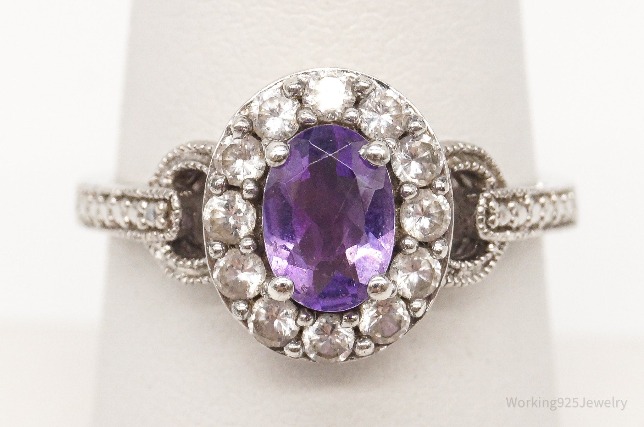 Vintage Amethyst Cubic Zirconia Sterling Silver Ring Size 7