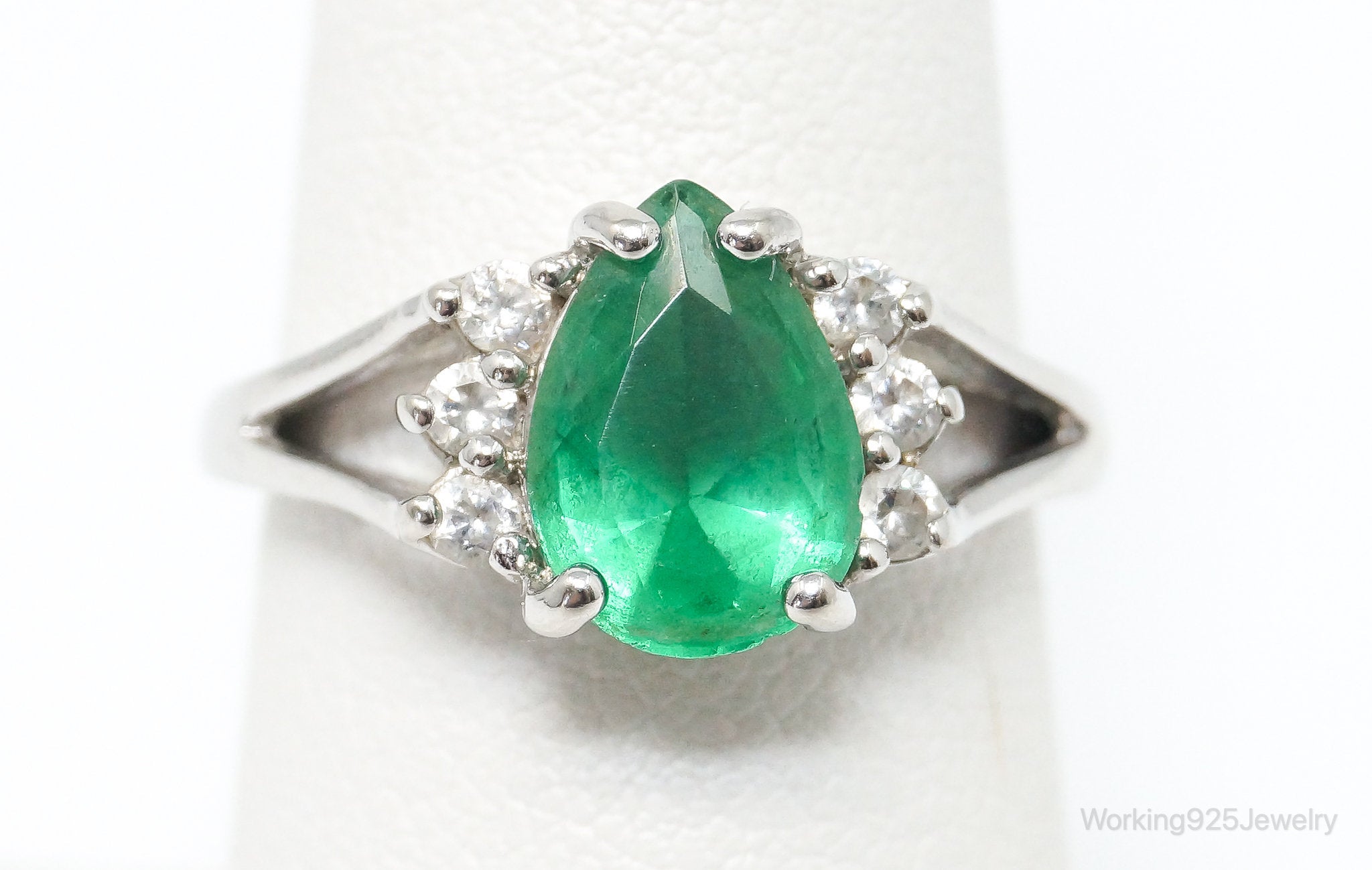 Vintage Lab Emerald CZ Accented Sterling Silver Ring SZ 7