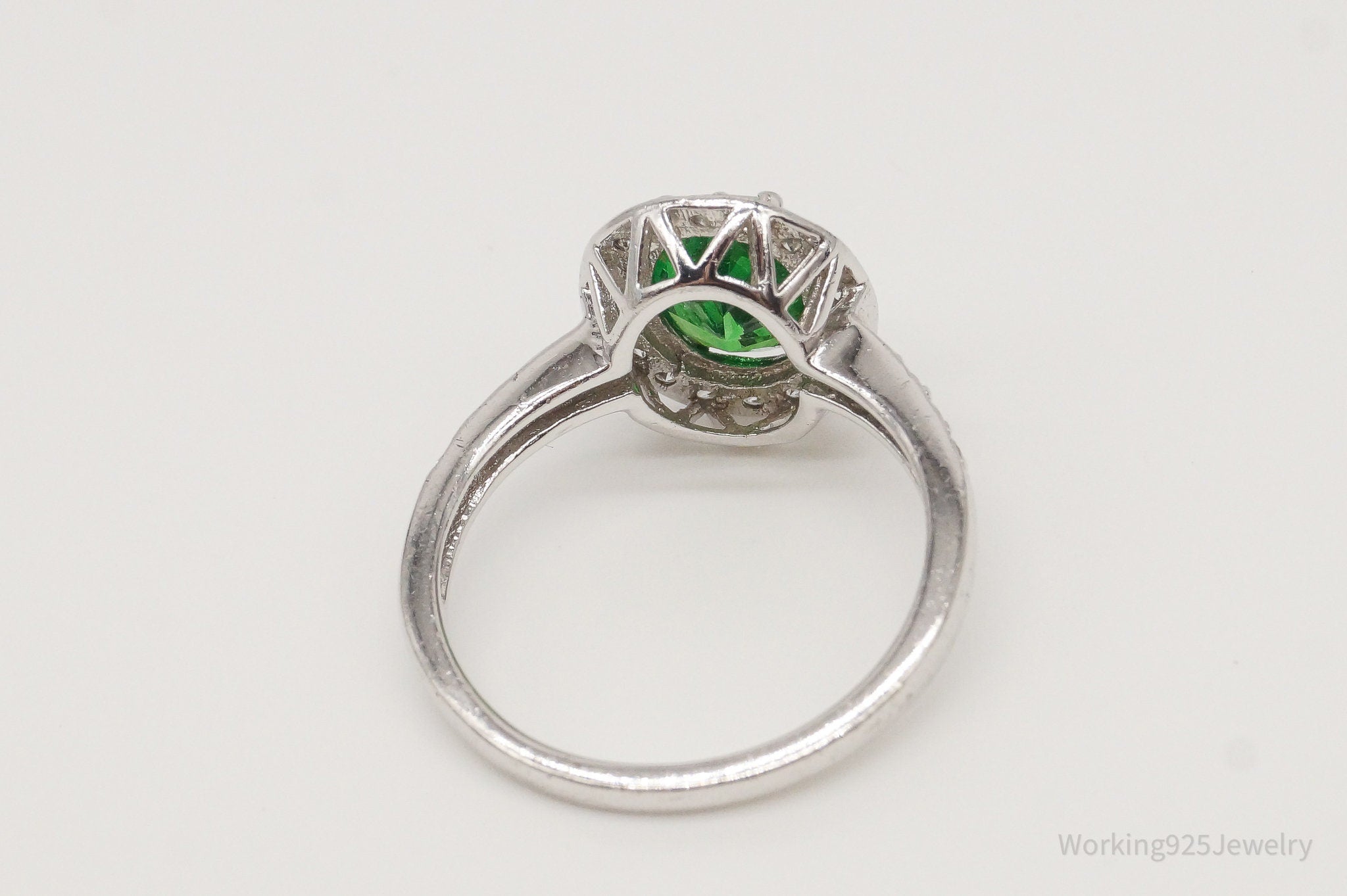 Large Green & White Cubic Zirconia Sterling Silver Ring - Size 9