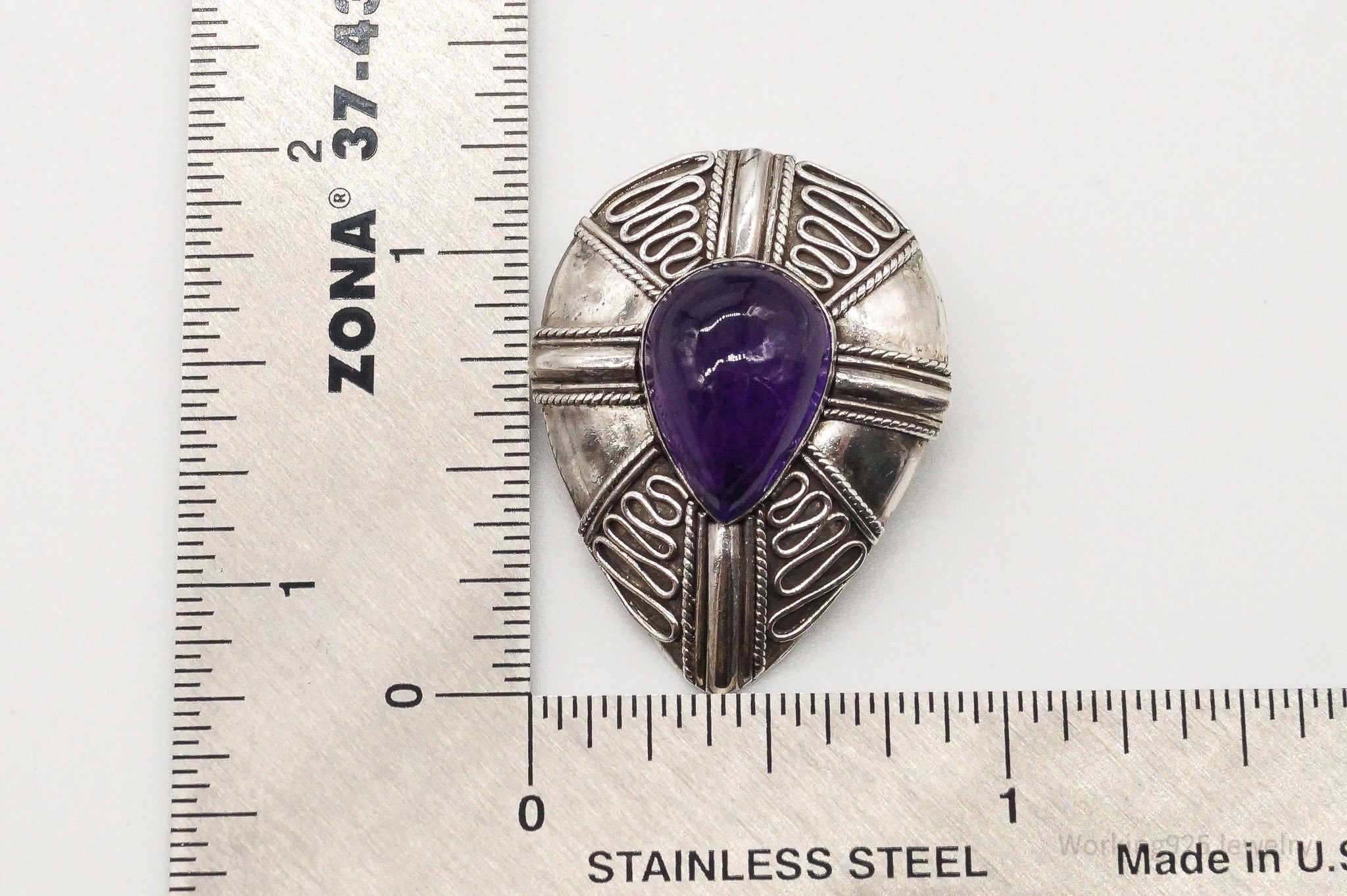 Vintage Amethyst Bali Sterling Silver Brooch Pin Pendant