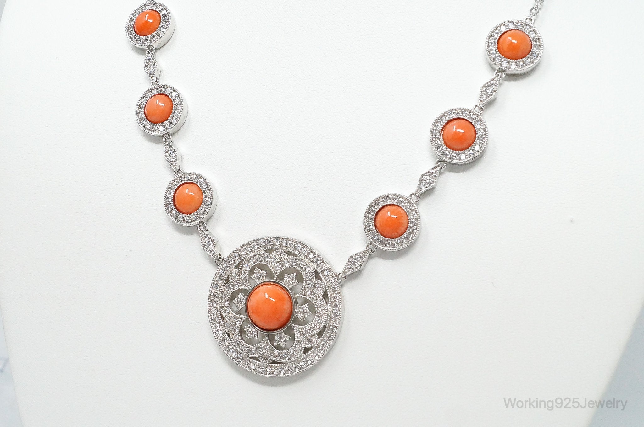 Vintage Designer Joseph Esposito Coral Cubic Zirconia Sterling Silver Necklace