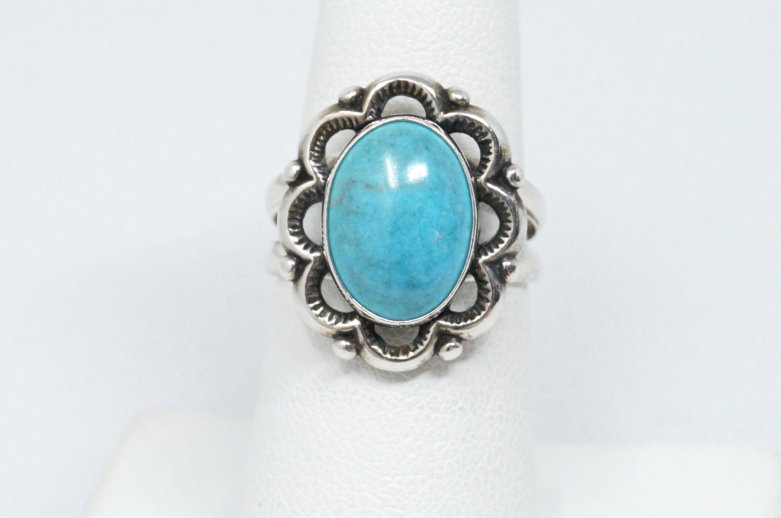 Vintage Designer QT Blue Turquoise Southwestern Sterling Silver Ring - Size 7