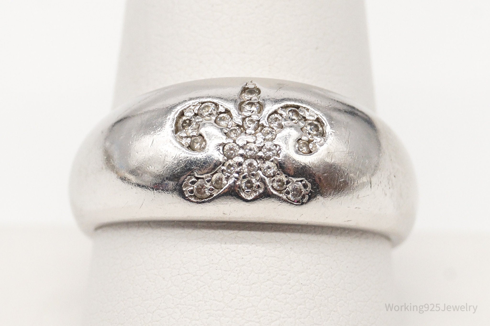 Vintage Fleur De Lis Cubic Zirconia Platinum Clad Sterling Silver Ring-Size 9.75