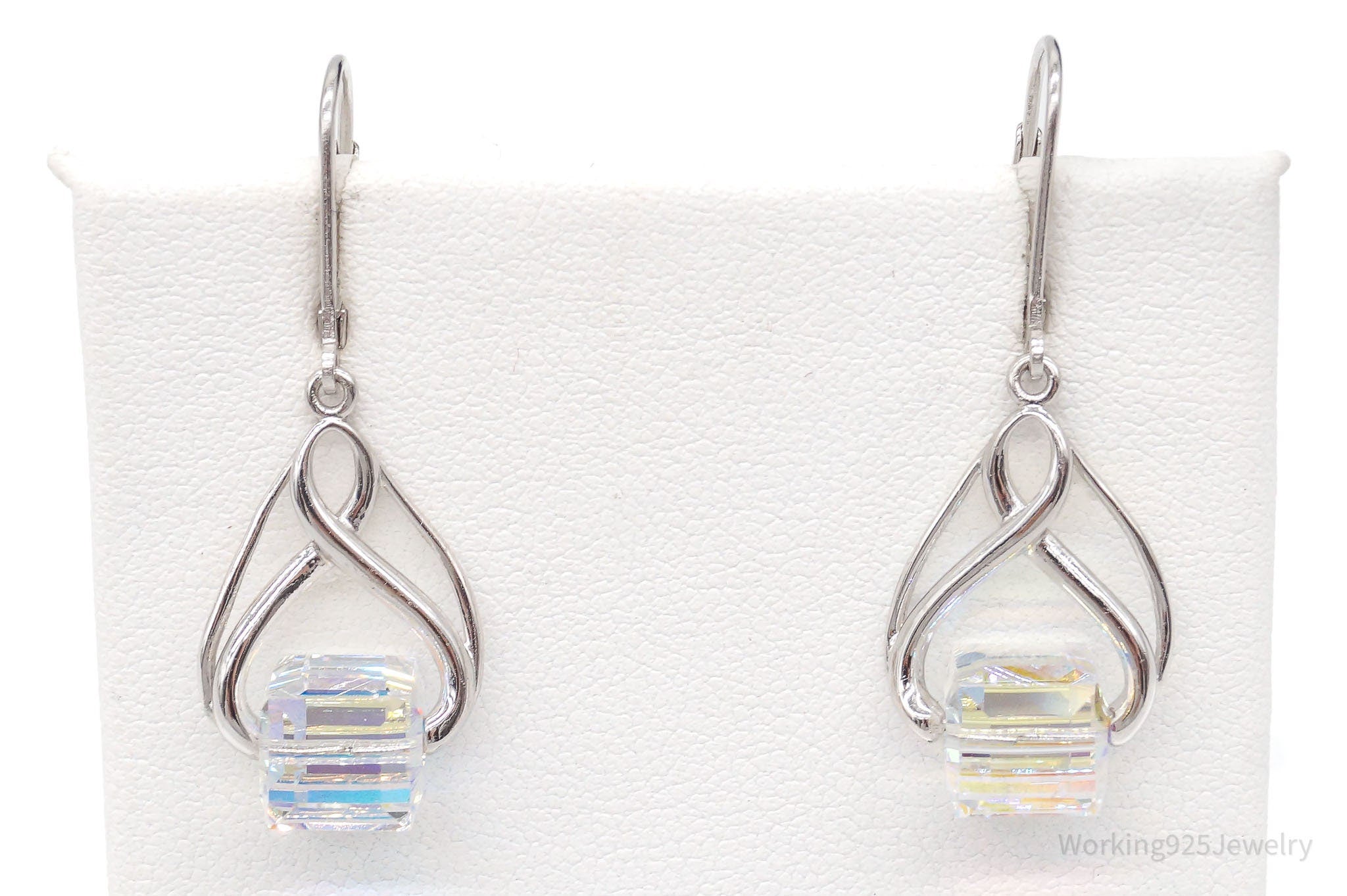 Vintage Designer FD Crystal Cube Prism Drop Dangle Sterling Silver Earrings