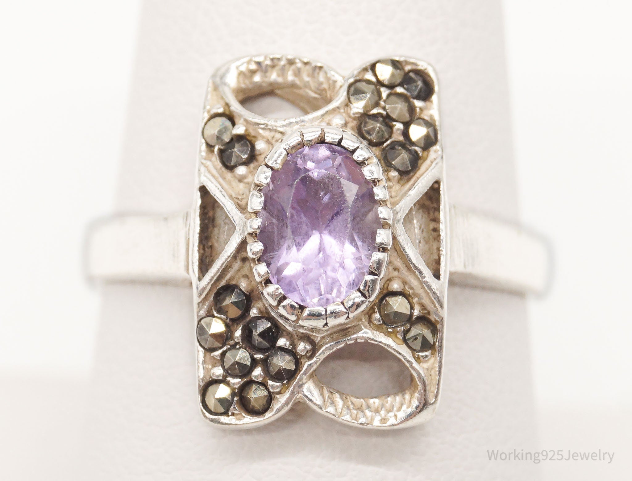 Vintage Amethyst Marcasite Sterling Silver Ring - Size 8.75