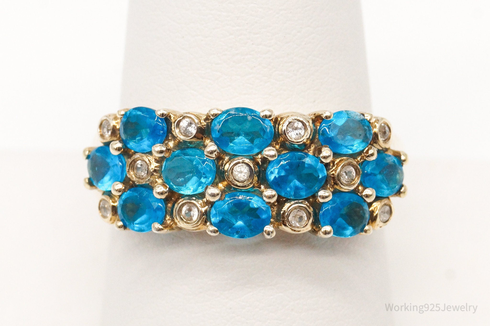 Vintage Blue Stone Cubic Zirconia Gold Vermeil Sterling Silver Ring - Size 9