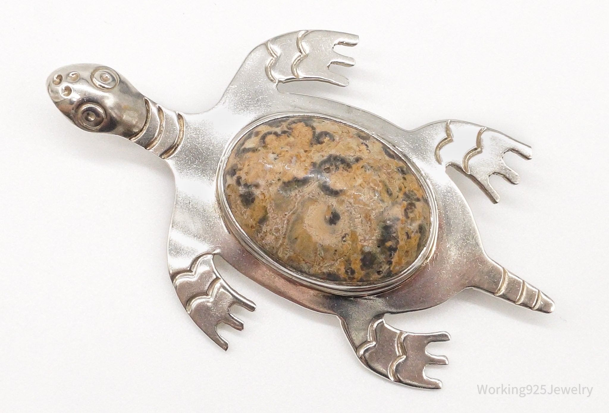 Large Vintage Mexico CII Jasper Sea Turtle Sterling Silver Brooch Pin