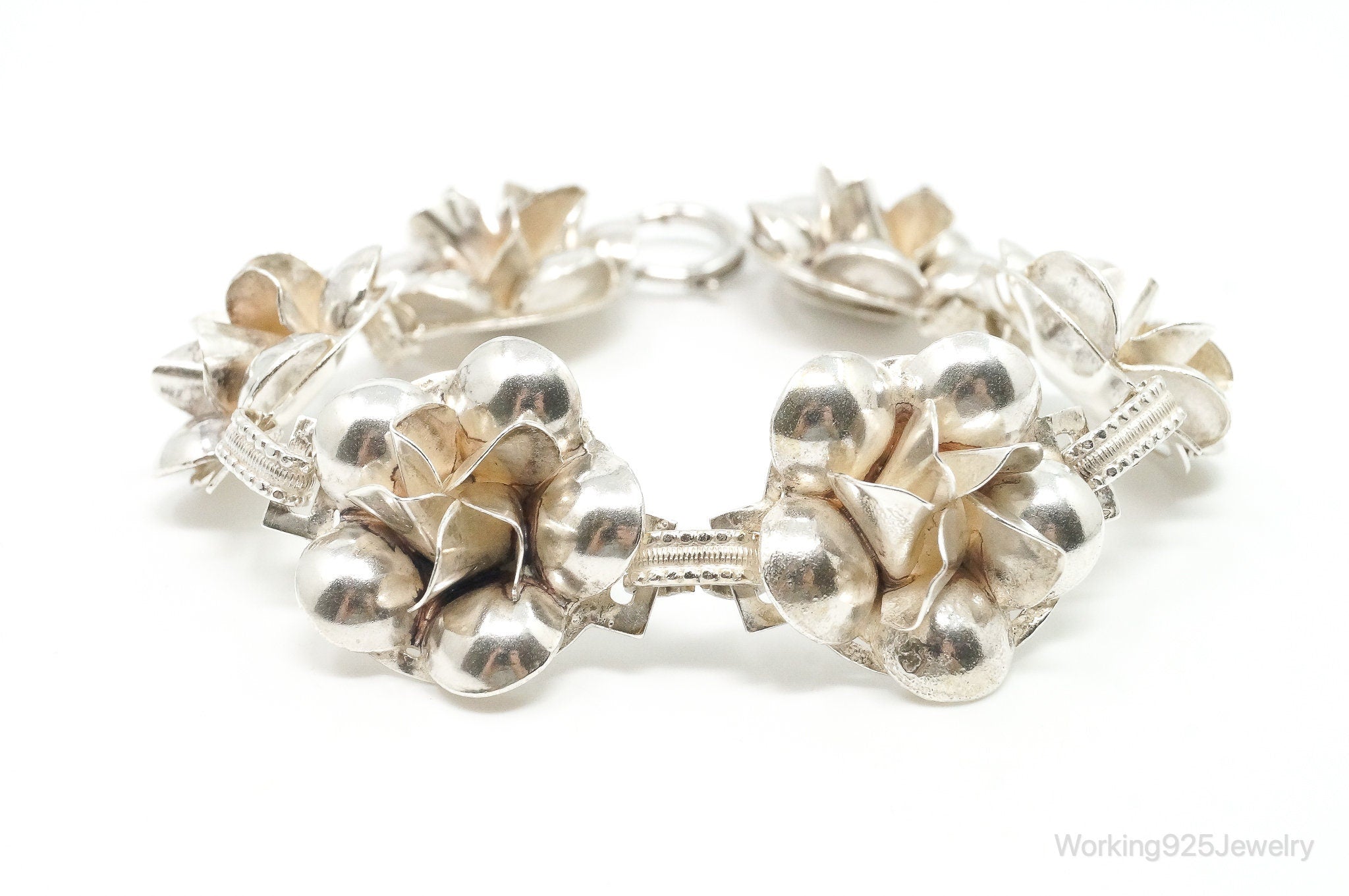 Vintage 1940s Raffaele Flower Silver Silver Panel Bracelet