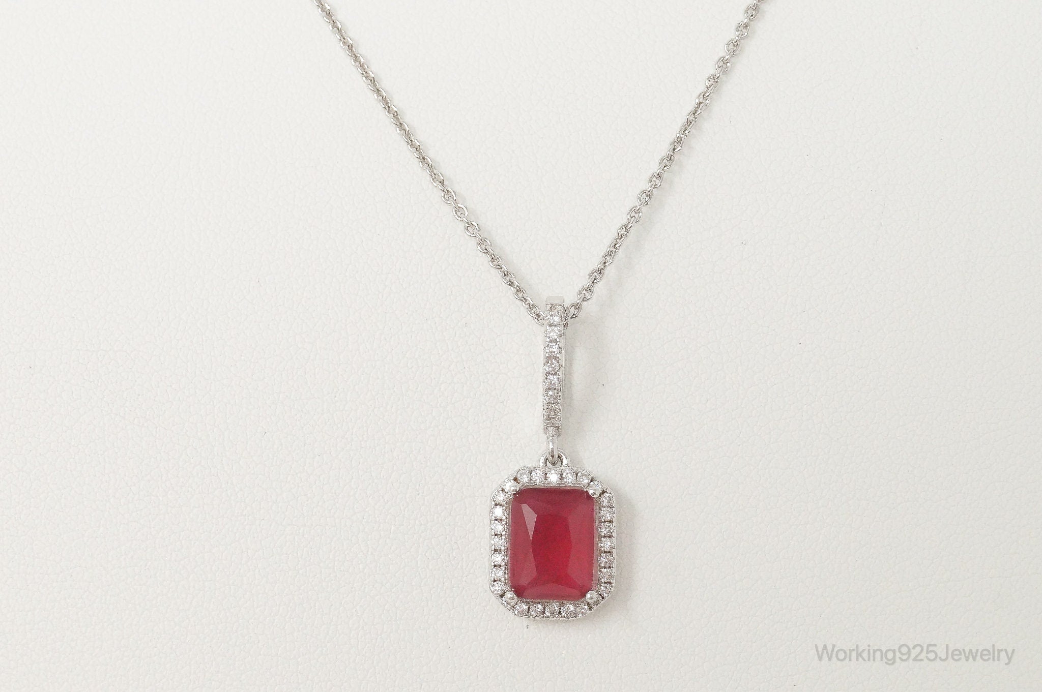 Vintage Art Deco Ruby Cubic Zirconia Sterling Silver Necklace