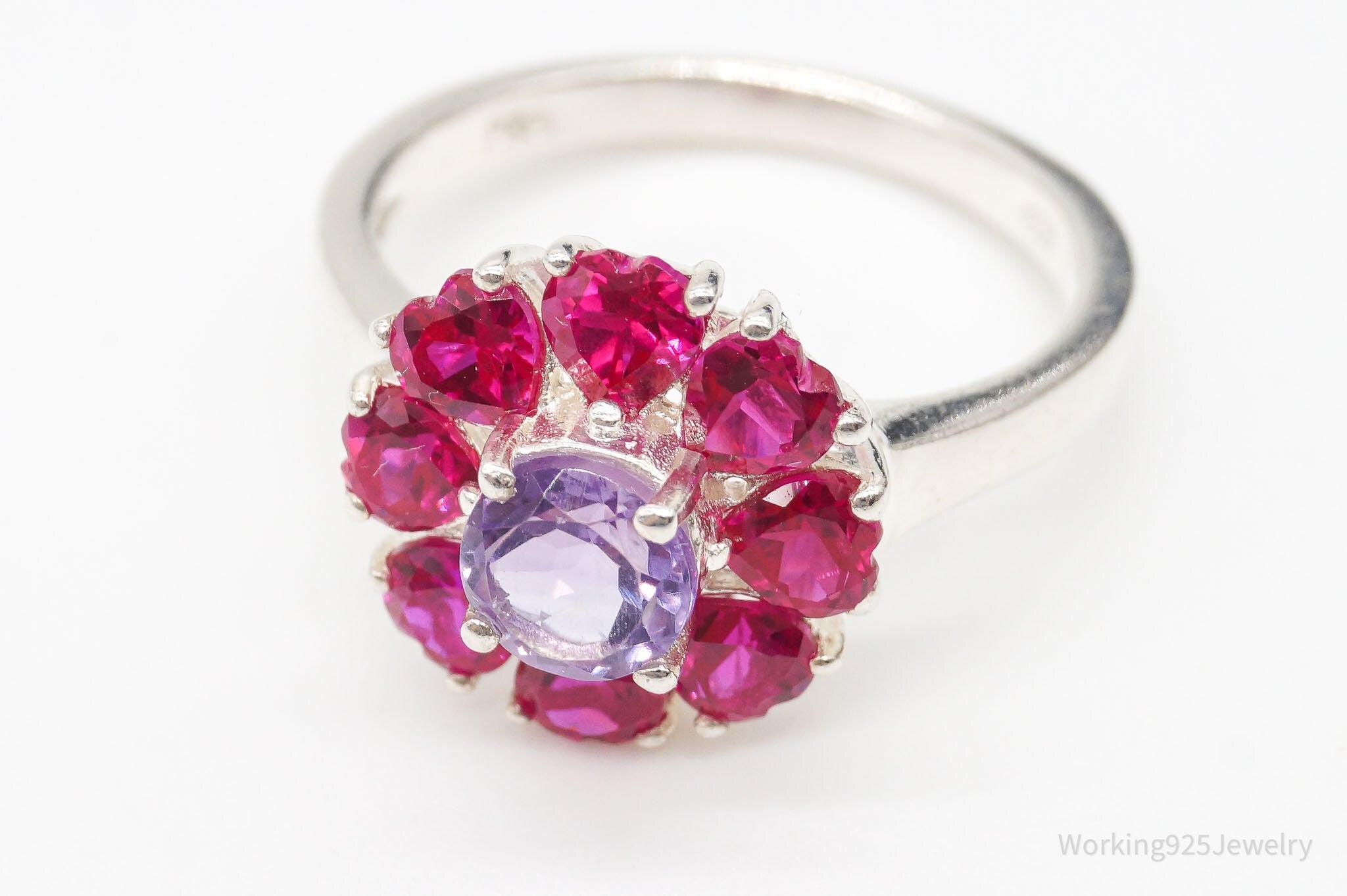 Vintage Amethyst Ruby Hearts Flower Sterling Silver Ring Size 8.75