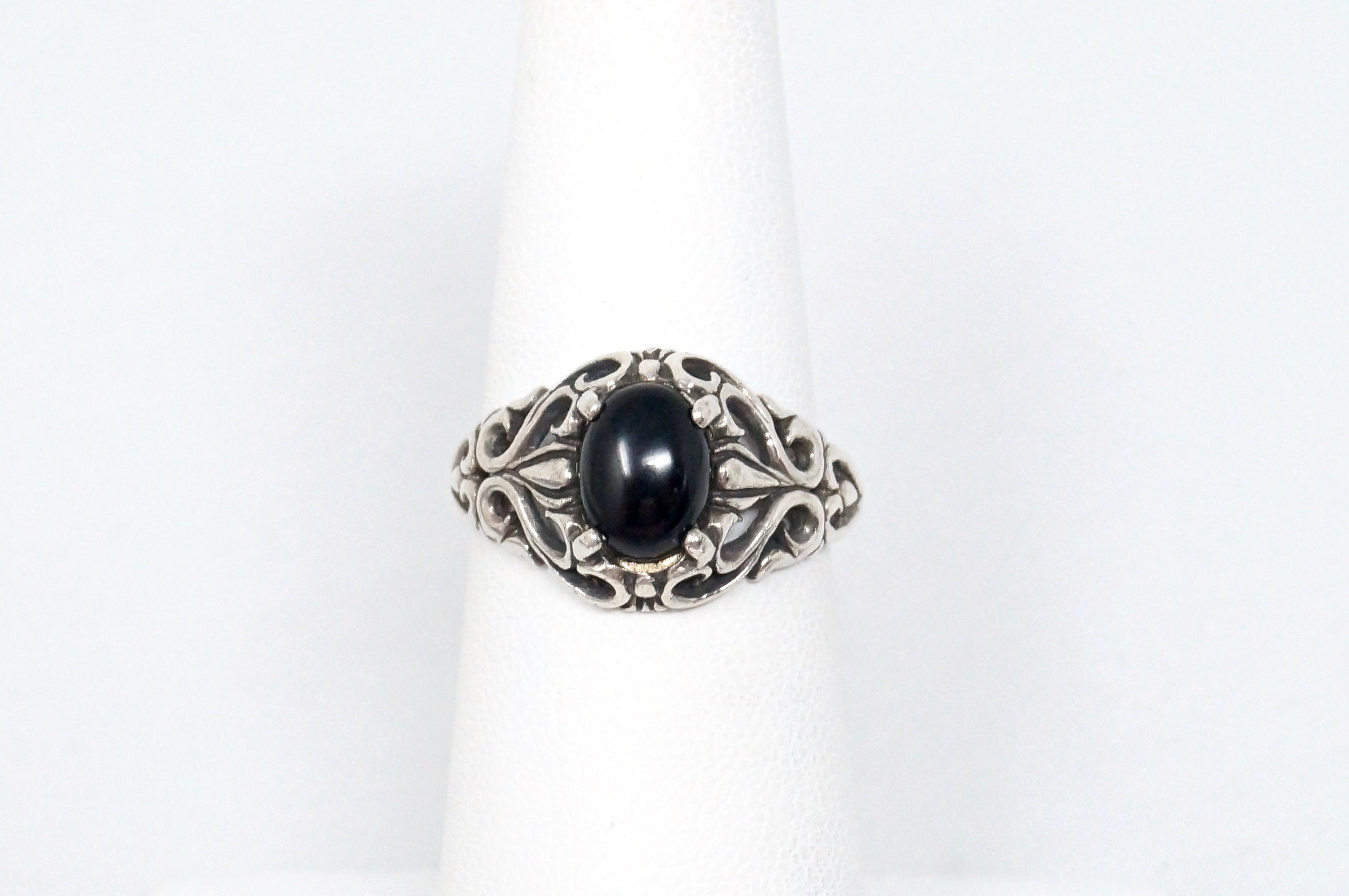 Vintage Kabana KBN Black Onyx Motif Swirl Sterling Silver Ring - Size 5.75