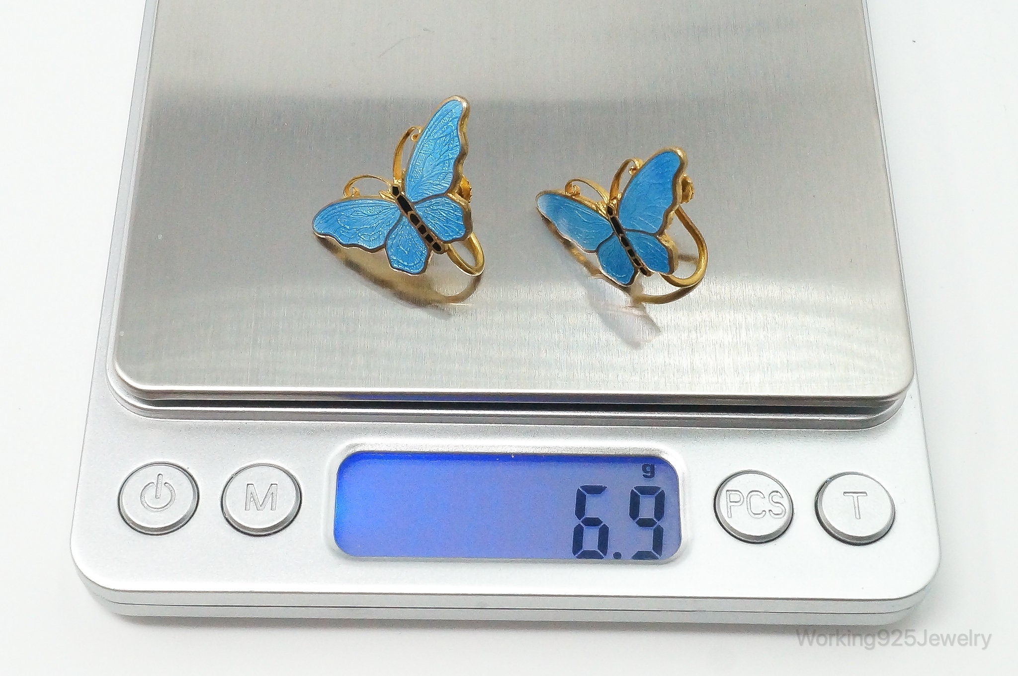 Vintage Blue Enamel Butterflies Gold Vermeil Silver Screw Back Earrings