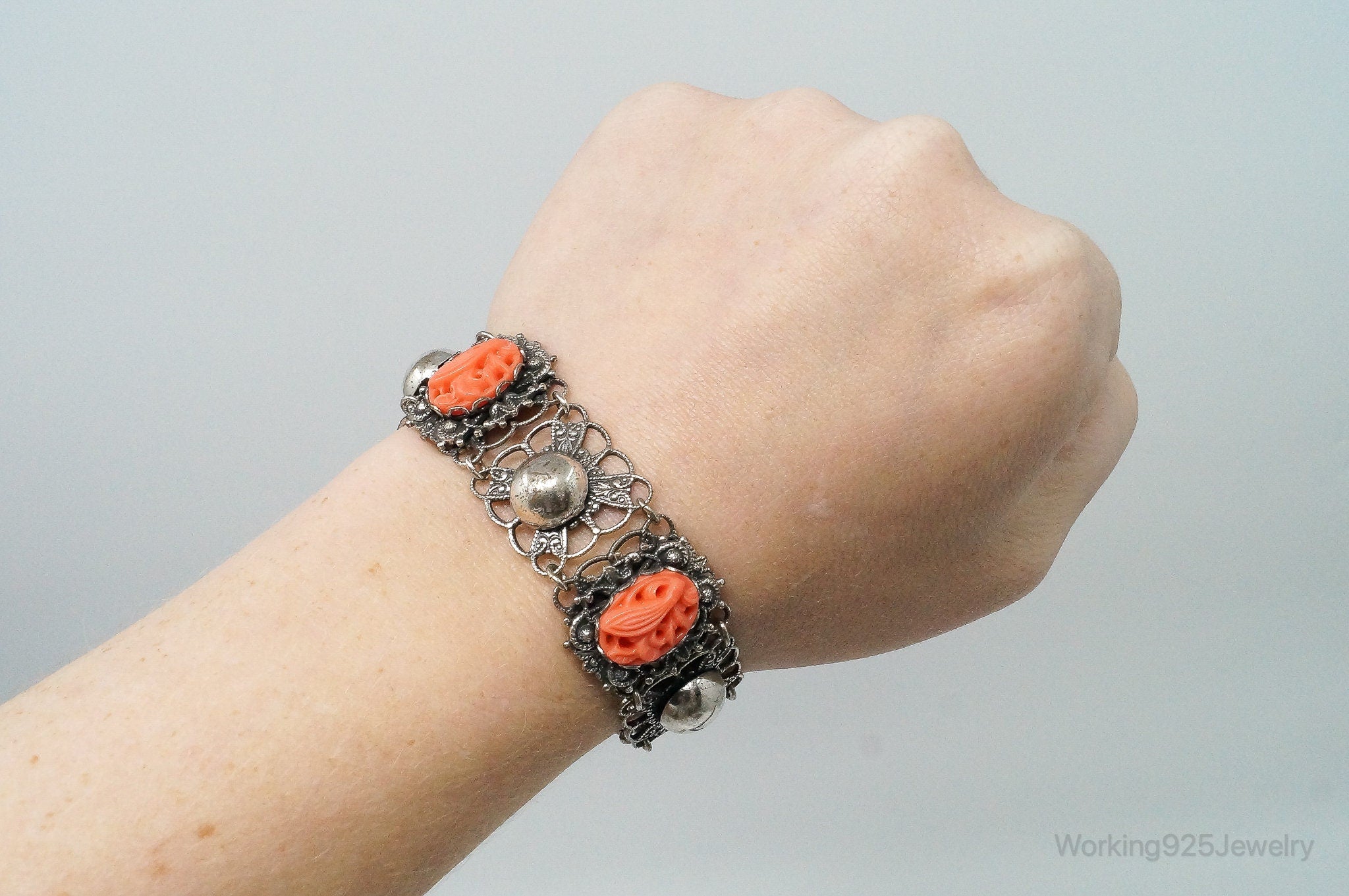 Antique Carved Coral Sterling Silver Bracelet