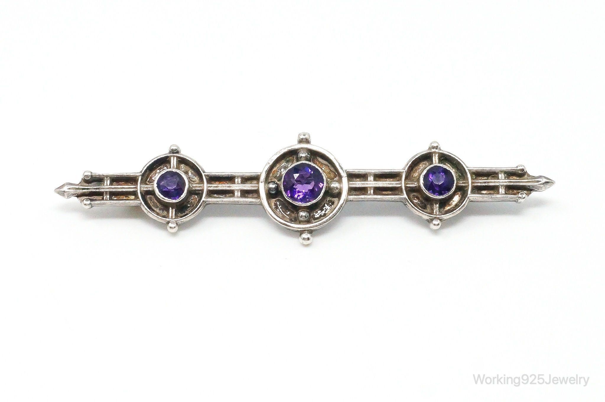 Antique Amethyst Sterling Silver Brooch Pin Bar