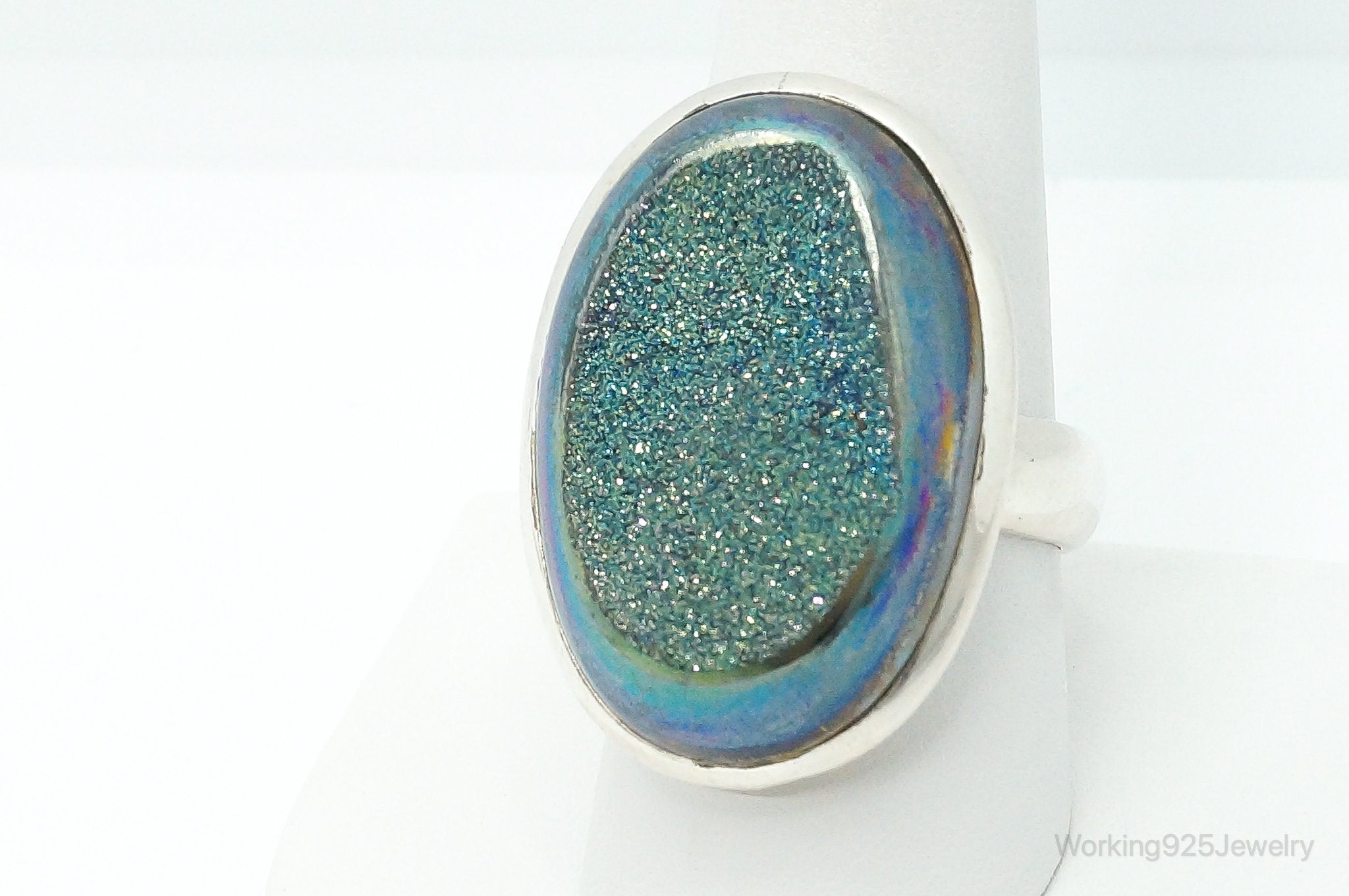 Large Rainbow Druzy Quartz Sterling Silver Ring - Size 9 Adjustable