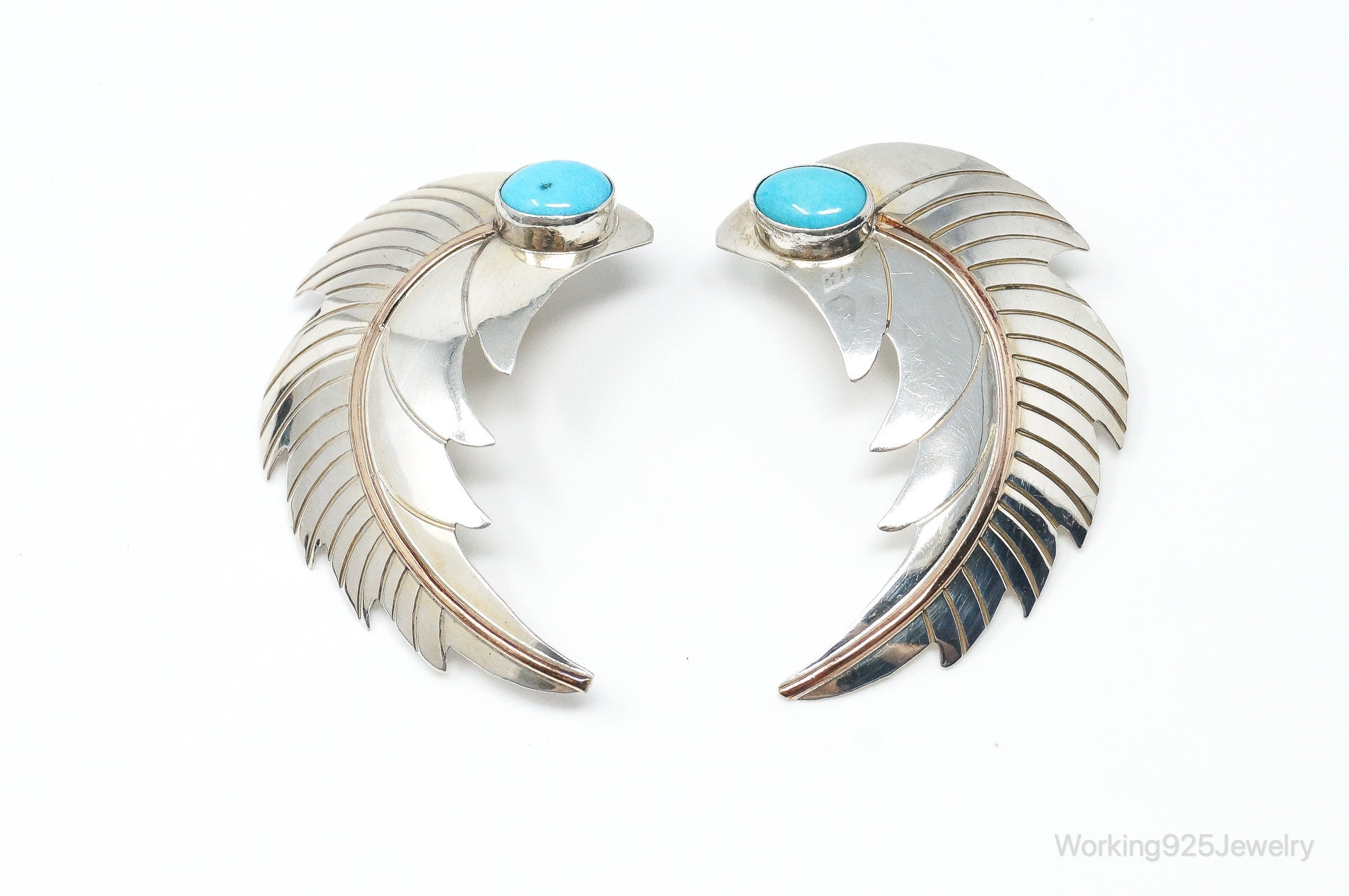 Large Vintage Native American Turquoise Feather Sterling Silver Earrings