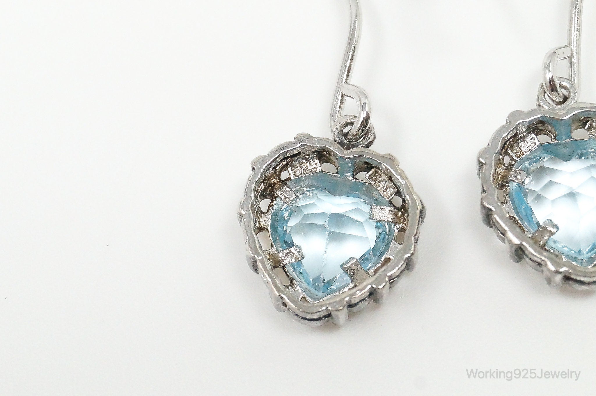 Vintage Blue Topaz Heart Art Deco Sterling Silver Earrings