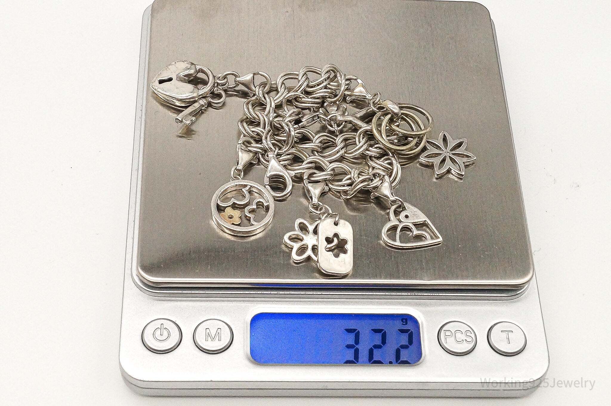 Vintage Hearts & Flowers Charms Diamond Sterling Silver Bracelet