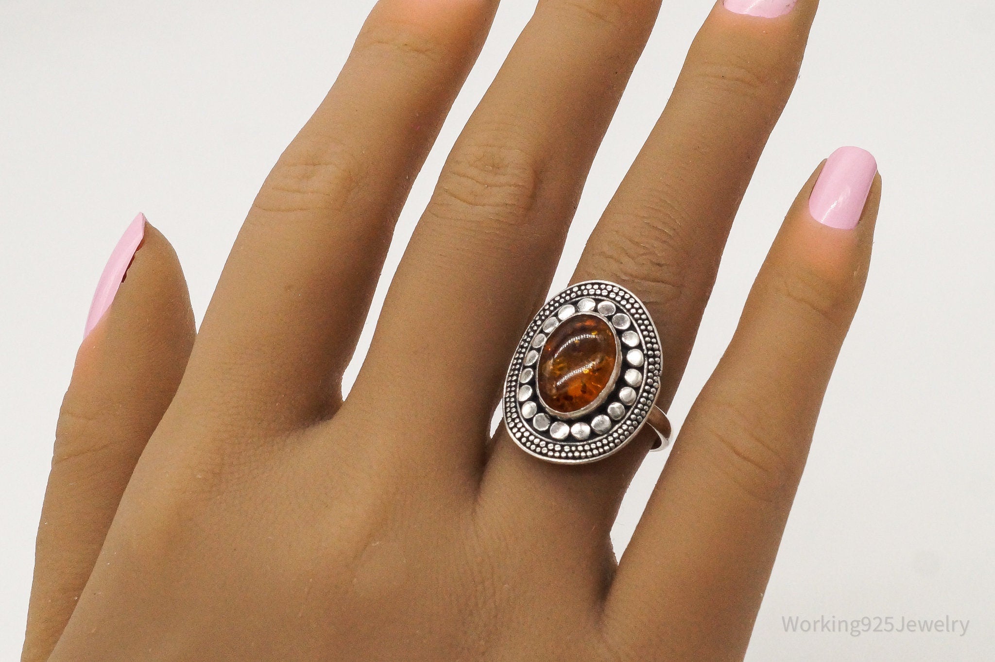 Vintage Baltic Amber Sterling Silver Ring - Size 8.5