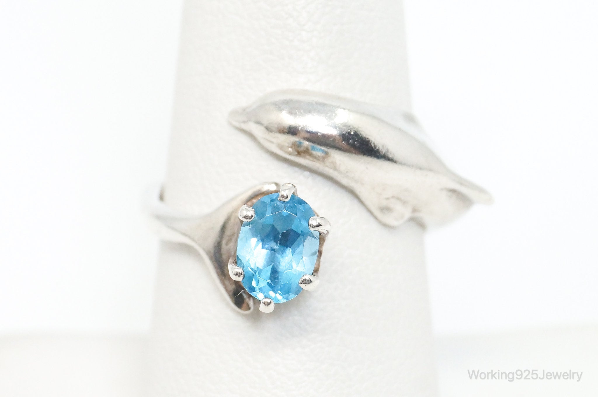 Vintage Blue Topaz Dolphin Sterling Silver Wrap Ring - Size 7.75