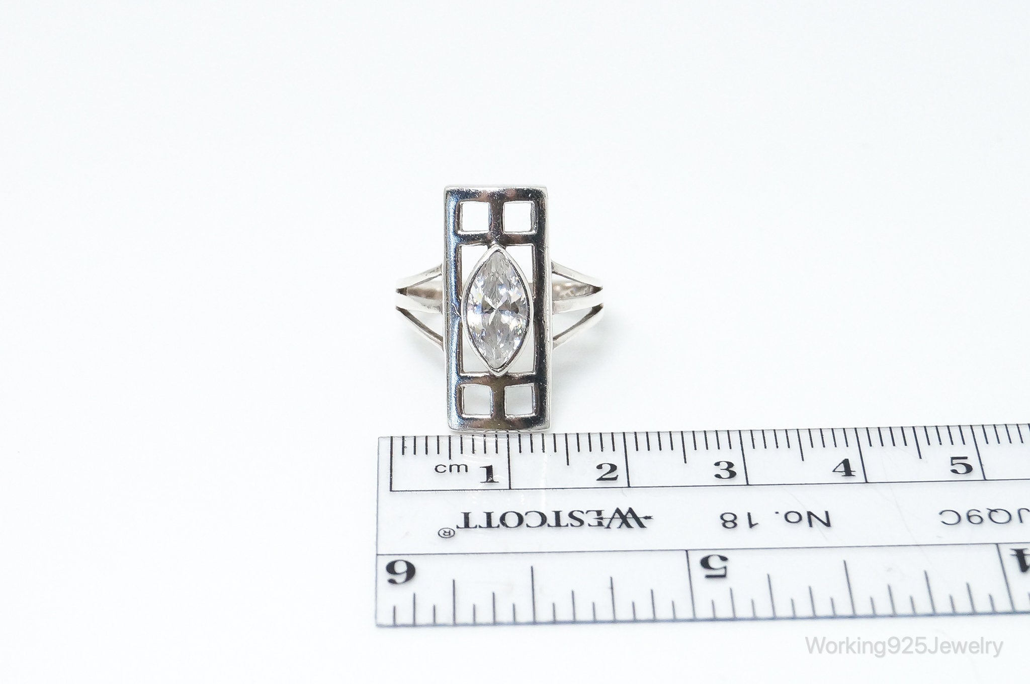 Vintage Cubic Zirconia Art Deco Cut Out Sterling Silver Ring - Size 5.75