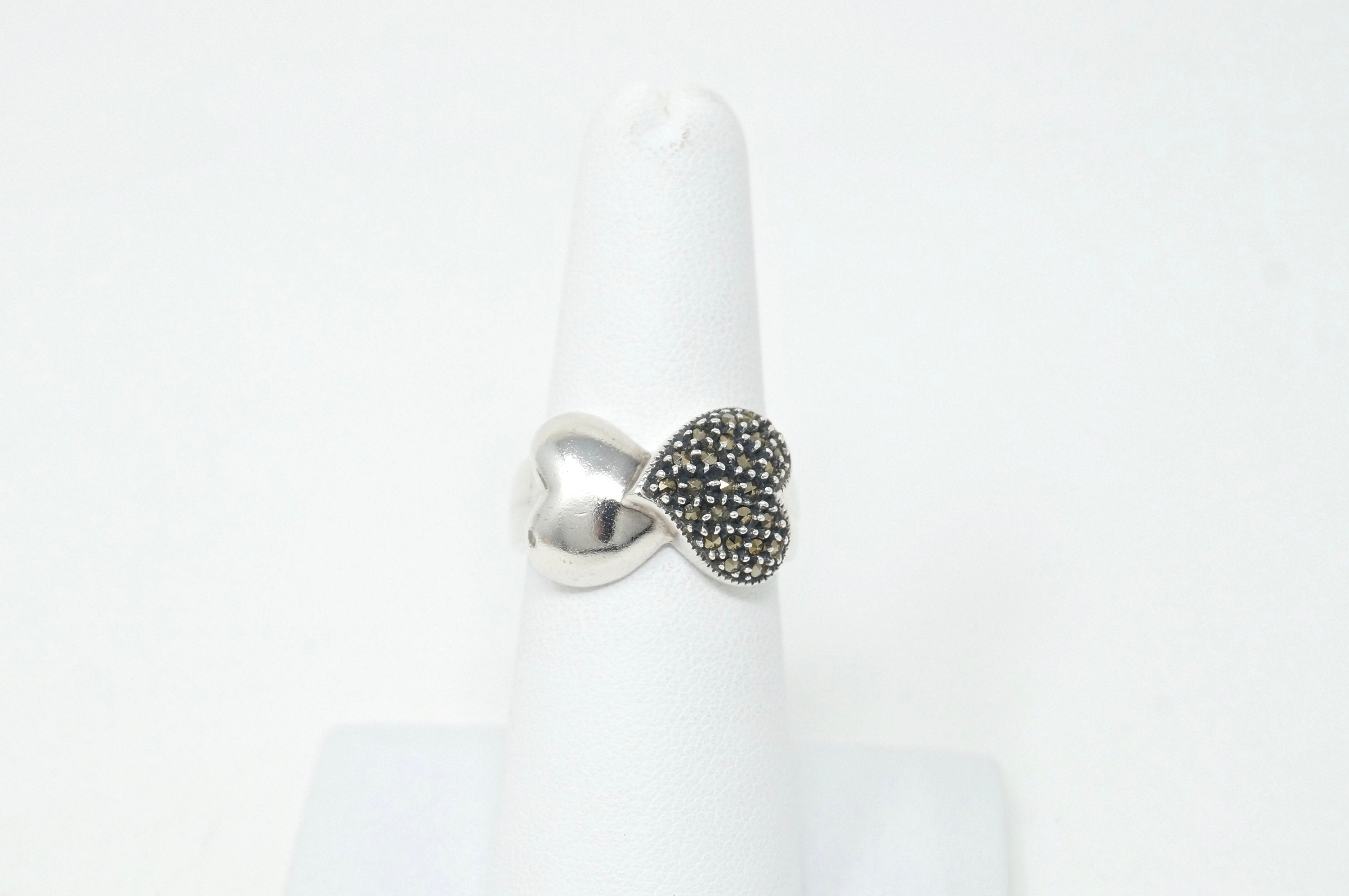 Vintage Designer Judith Jack Marcasite Two Hearts Sterling Silver Ring Sz 6.75