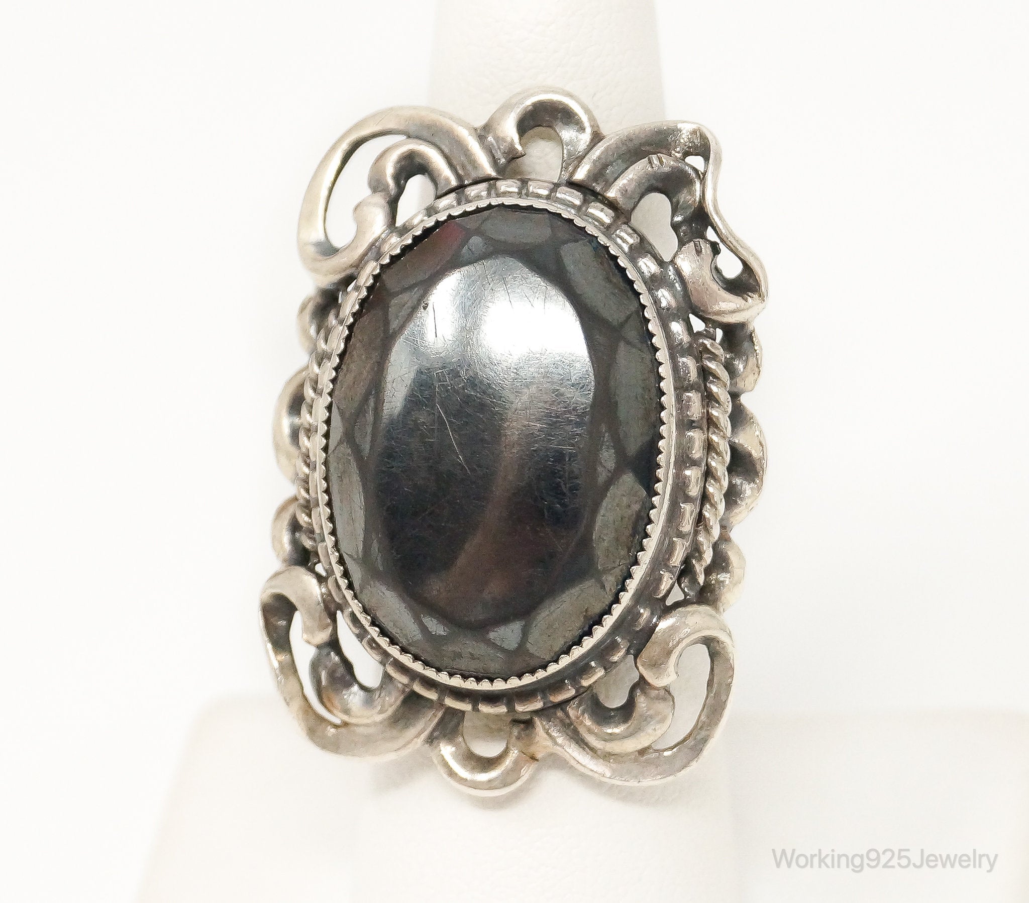 Antique Large Hematite Sterling Silver Ring - Size 6.25