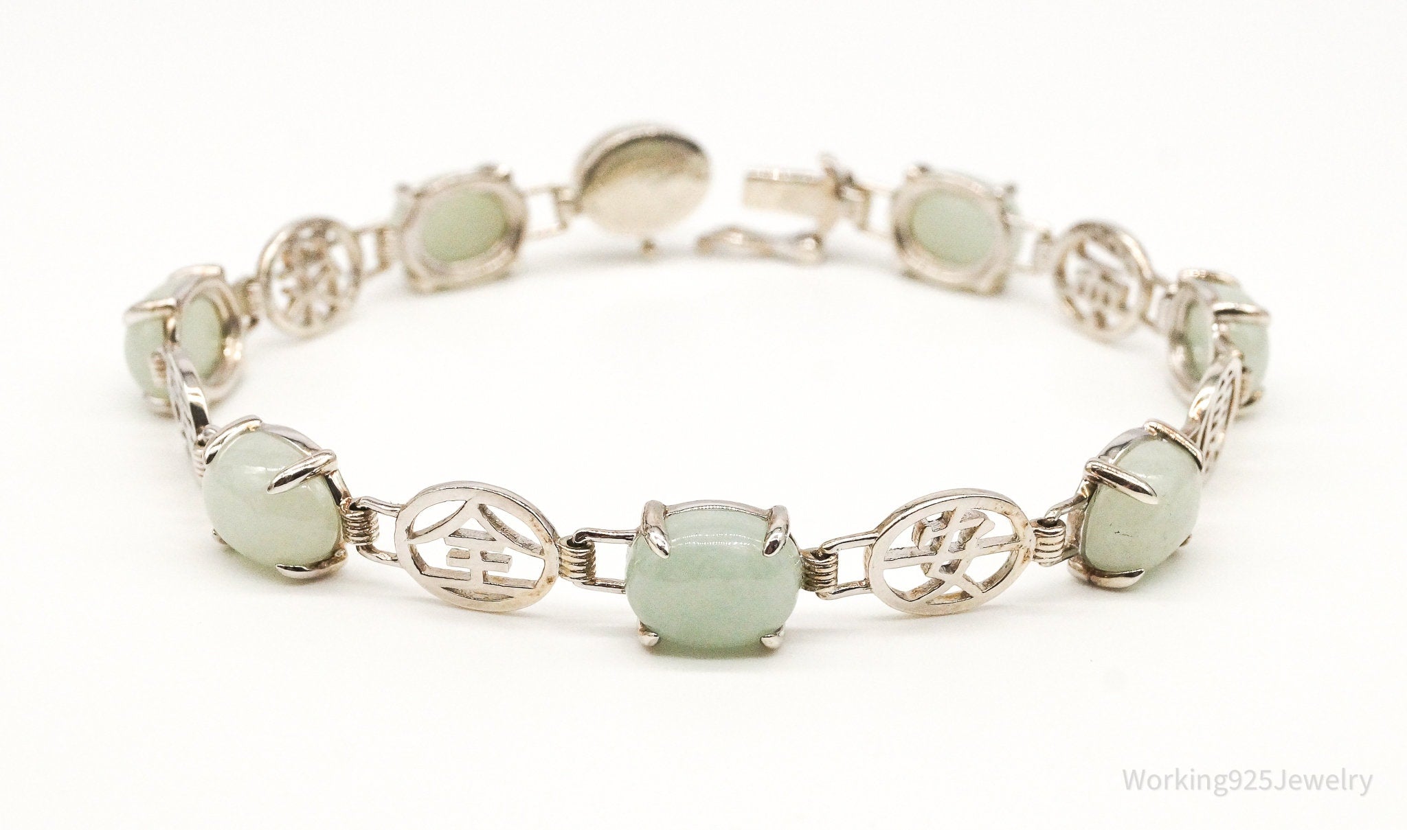 Vintage Jade Good Fortune Sterling Silver Bracelet