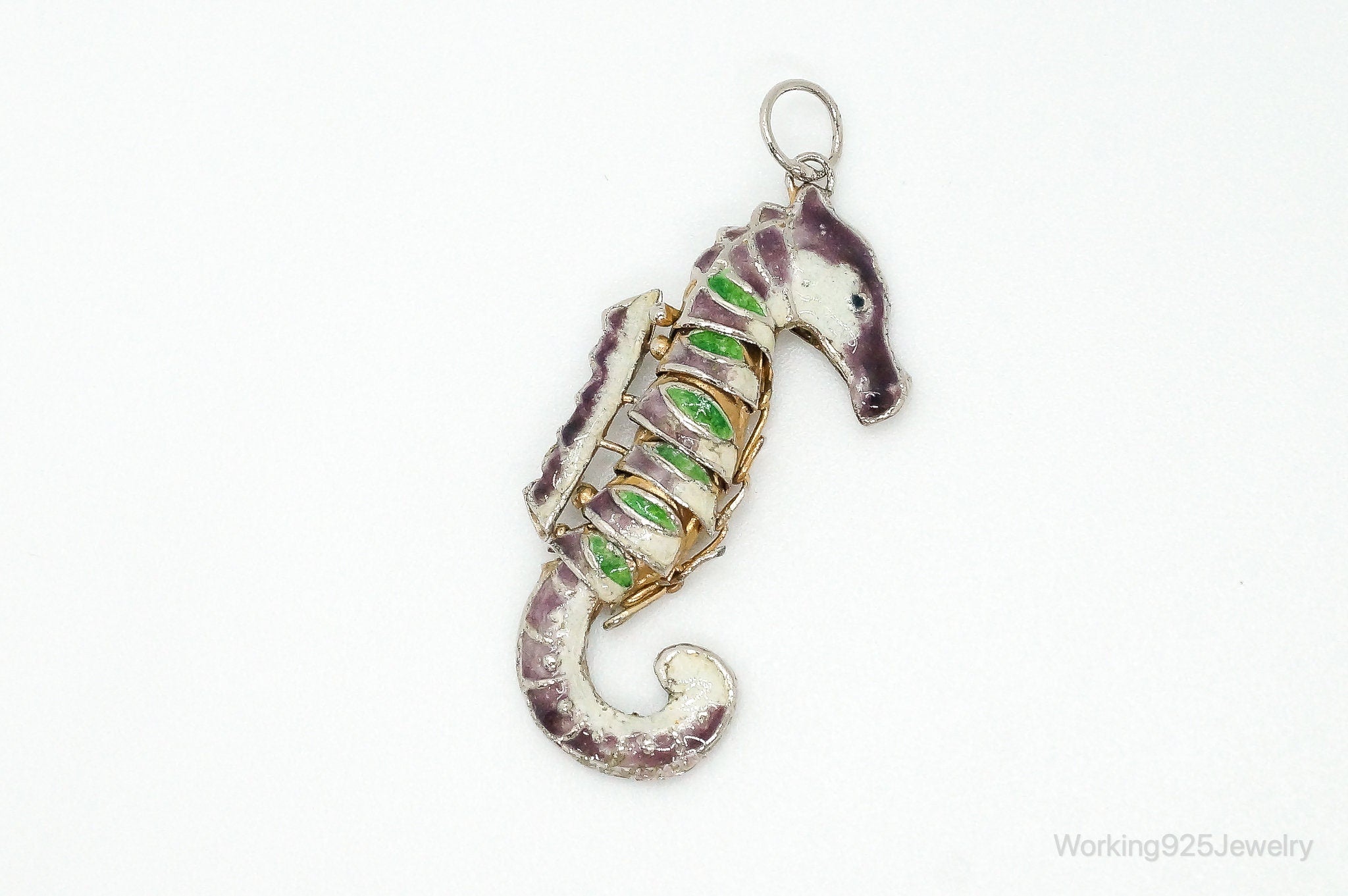 Antique Chinese Articulated Cloisonne Enameled Vermeil Silver Seahorse Pendant