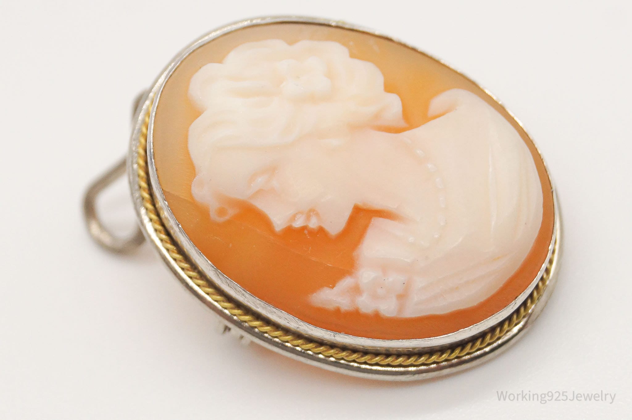 Antique Carved Shell Lady Cameo Brass Silver Pendant Pin