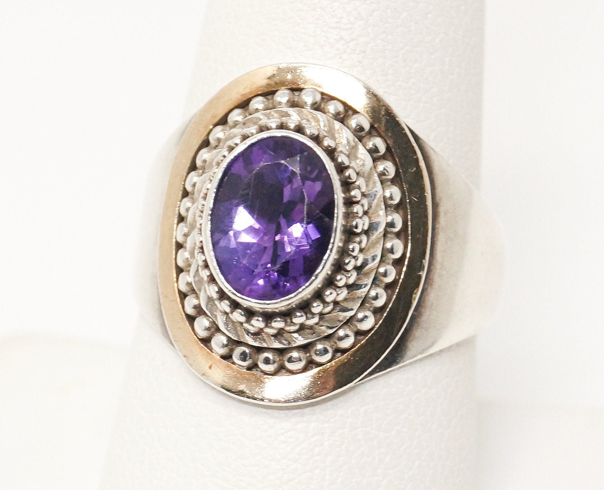 Vintage Designer BA Suarti 18K Gold Amethyst Sterling Silver Ring - Sz 8.75