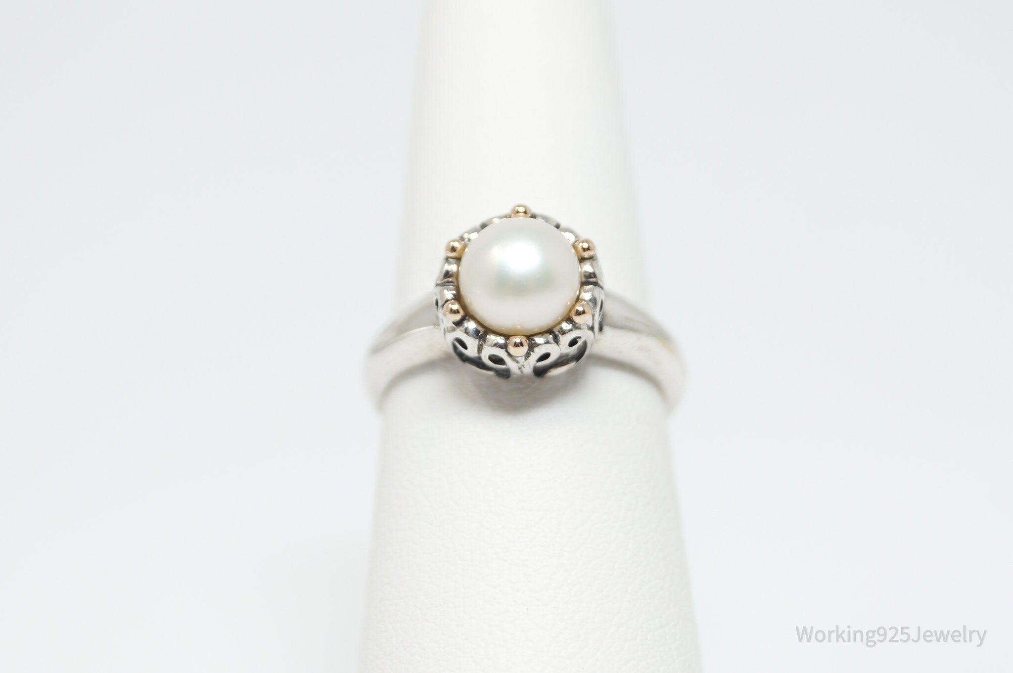 Vintage Designer ATR 14K Gold Pearl Sterling Silver Ring - Size 5.75