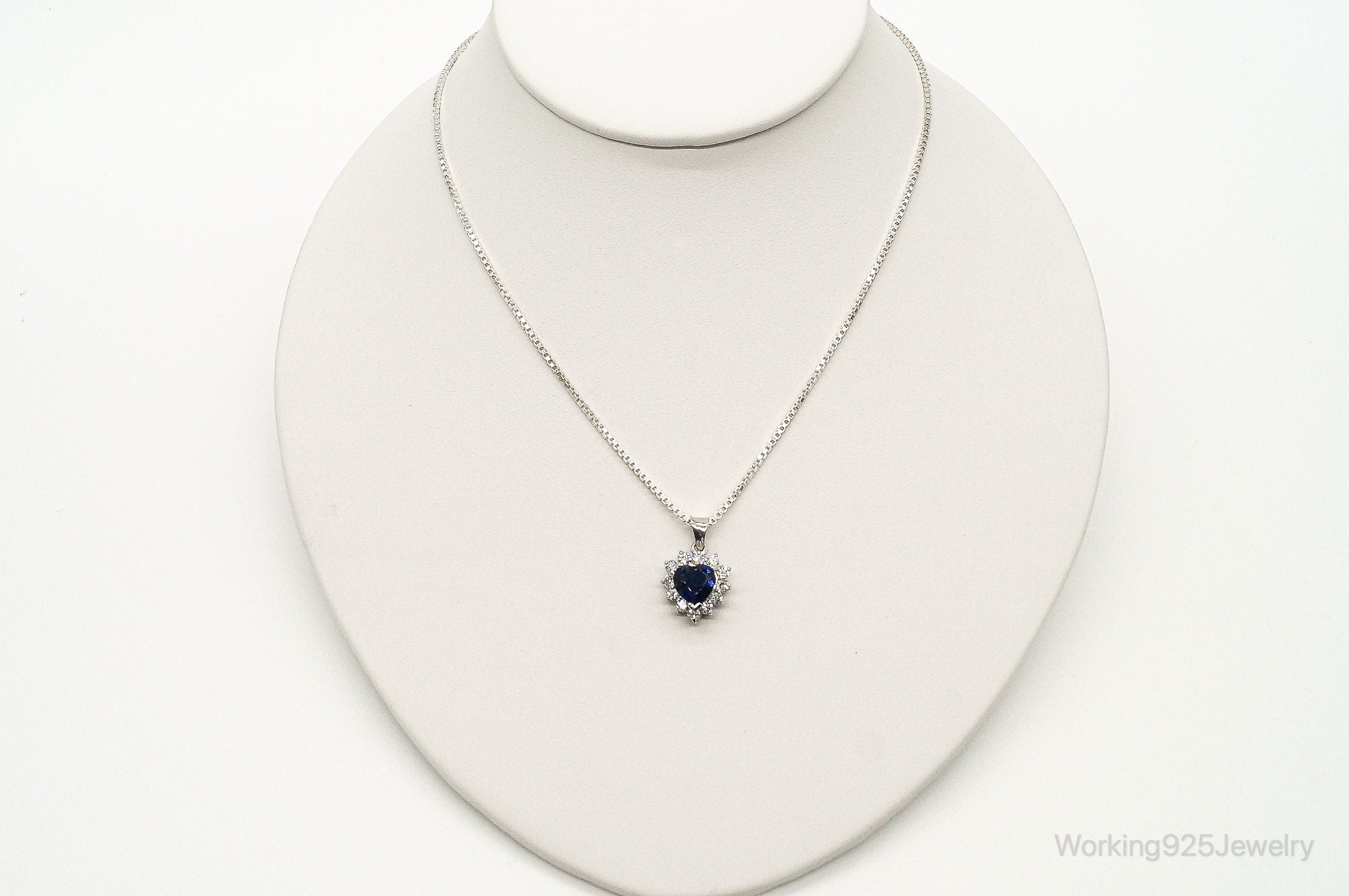 Blue Lab Sapphire Cubic Zirconia Heart Sterling Silver Necklace