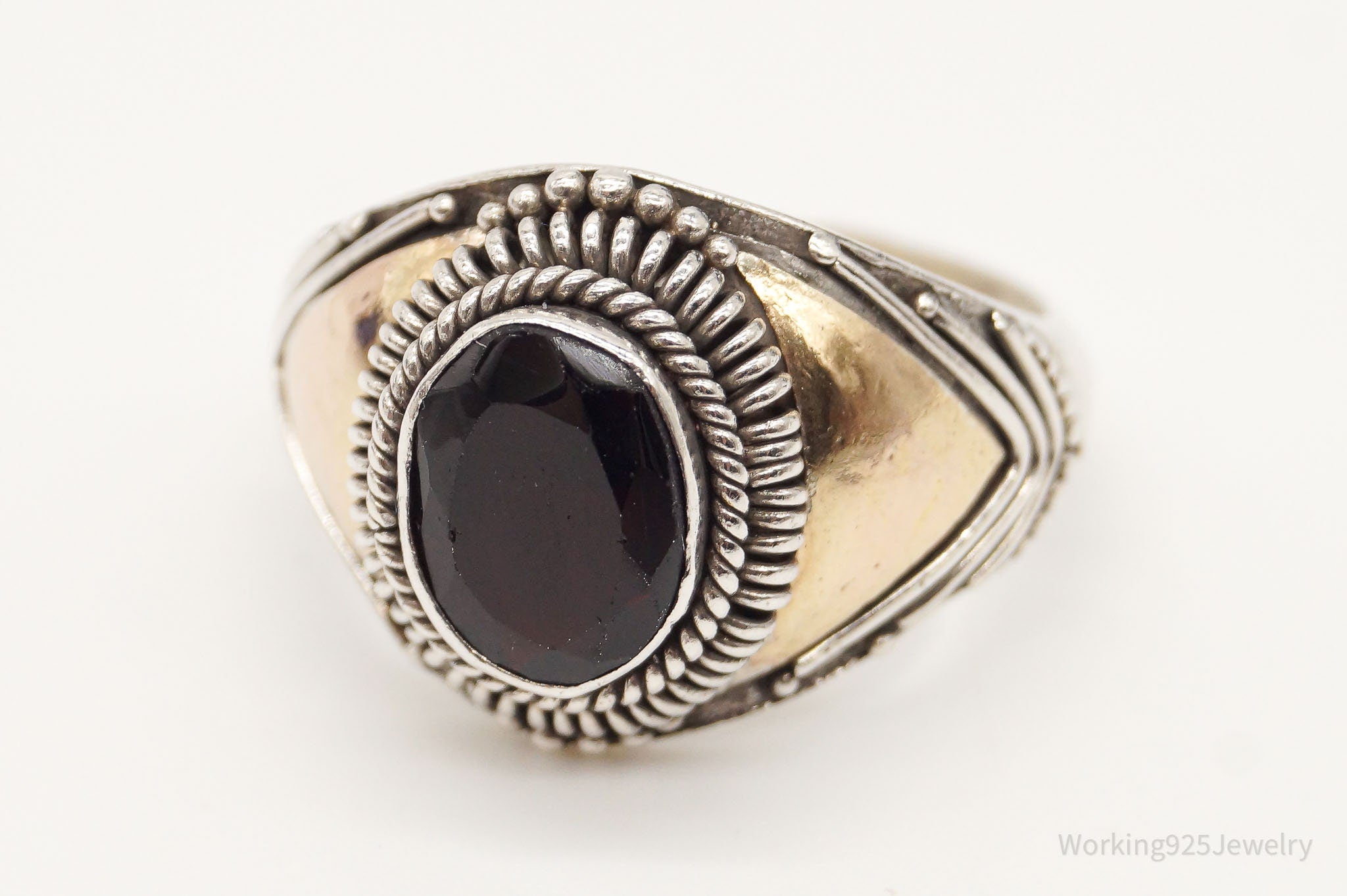 Vintage Garnet Brass Sterling Silver Ring Size 6.75