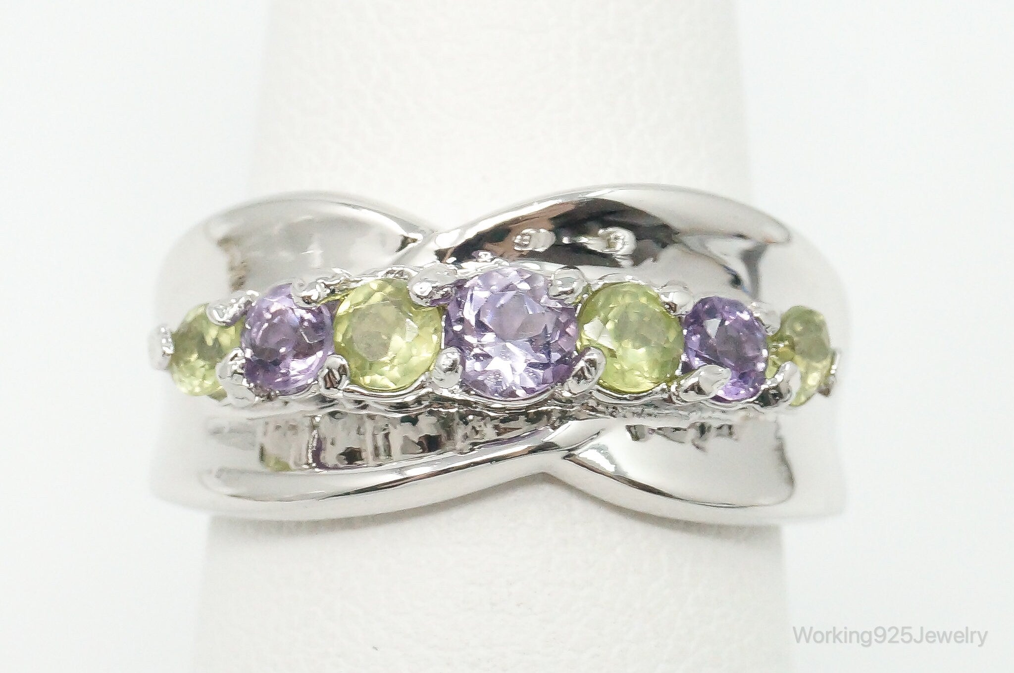 Vintage Designer SETA Peridot Amethyst Sterling Silver Ring - Size 6.75