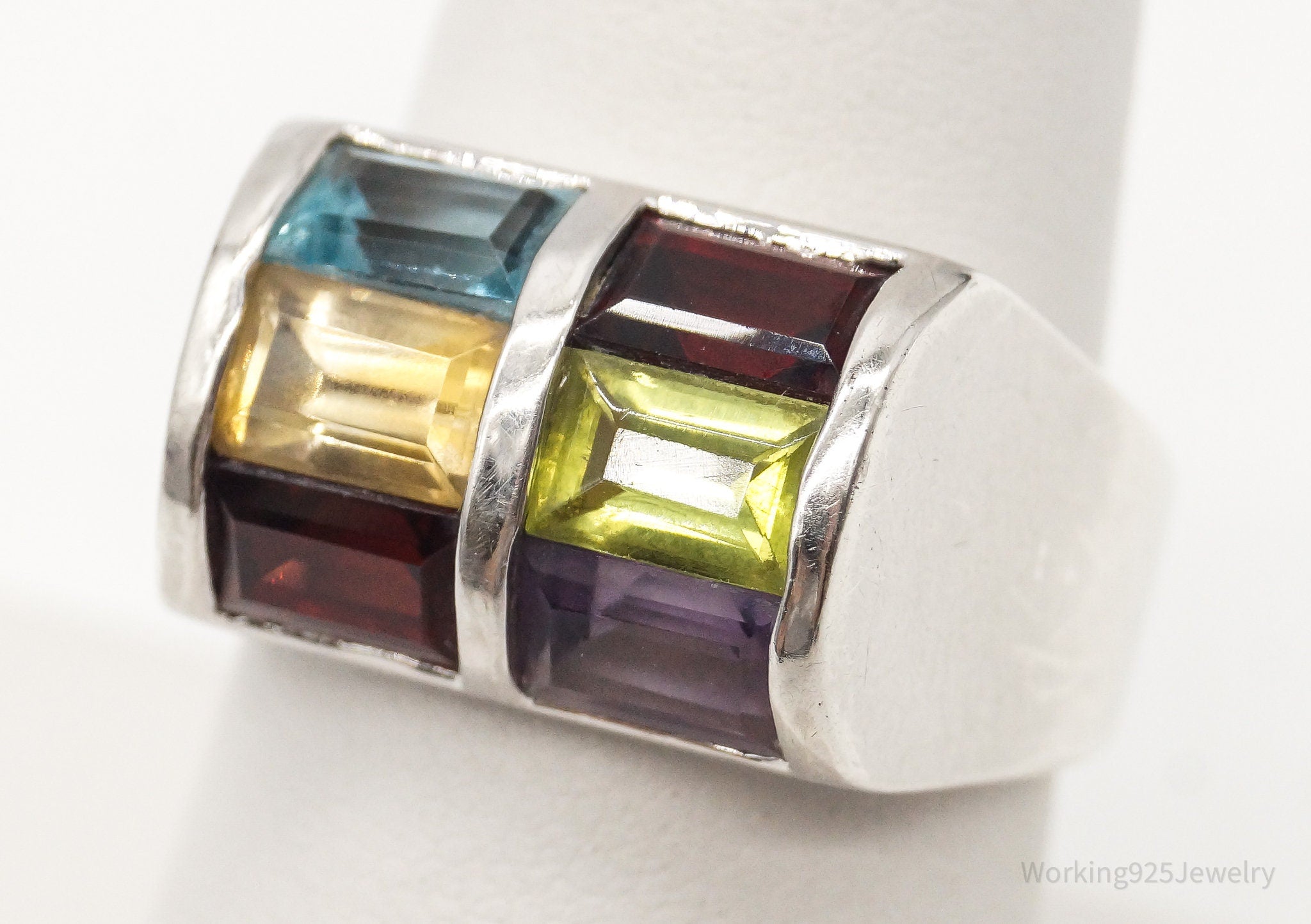 Vintage Art Deco Multi Gemstone Sterling Silver Ring - Size 7.75