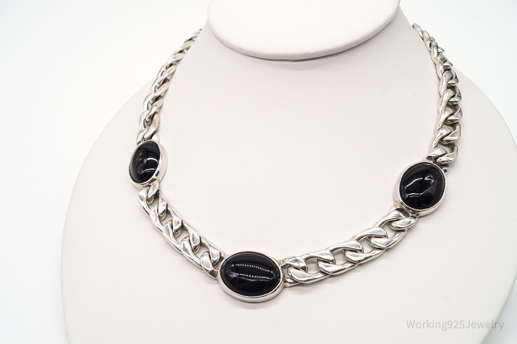 Vintage Black Onyx Curb Chain Sterling Silver Necklace