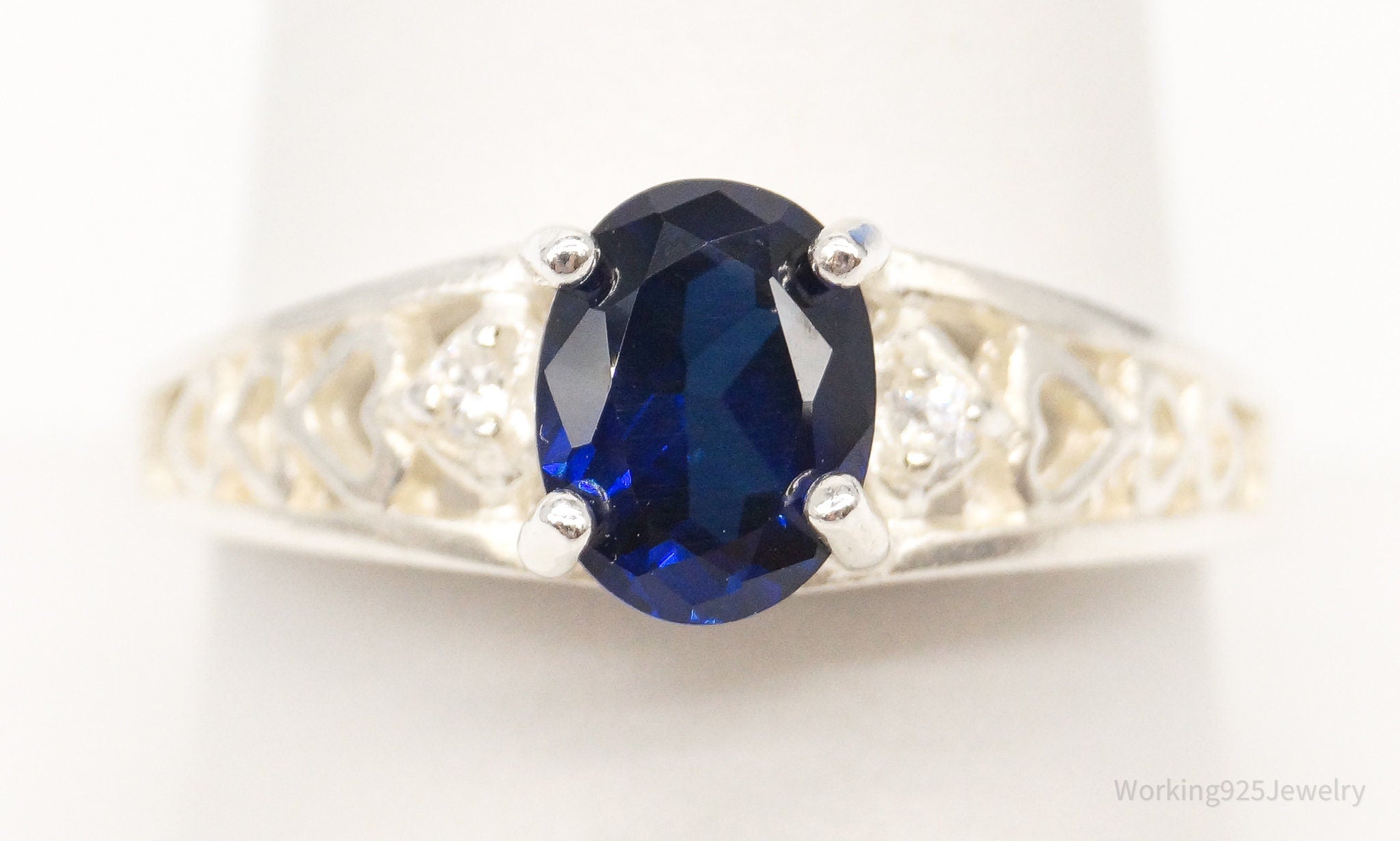 Vintage Lab Sapphire Cubic Zirconia Sterling Silver Ring - Size 9.75