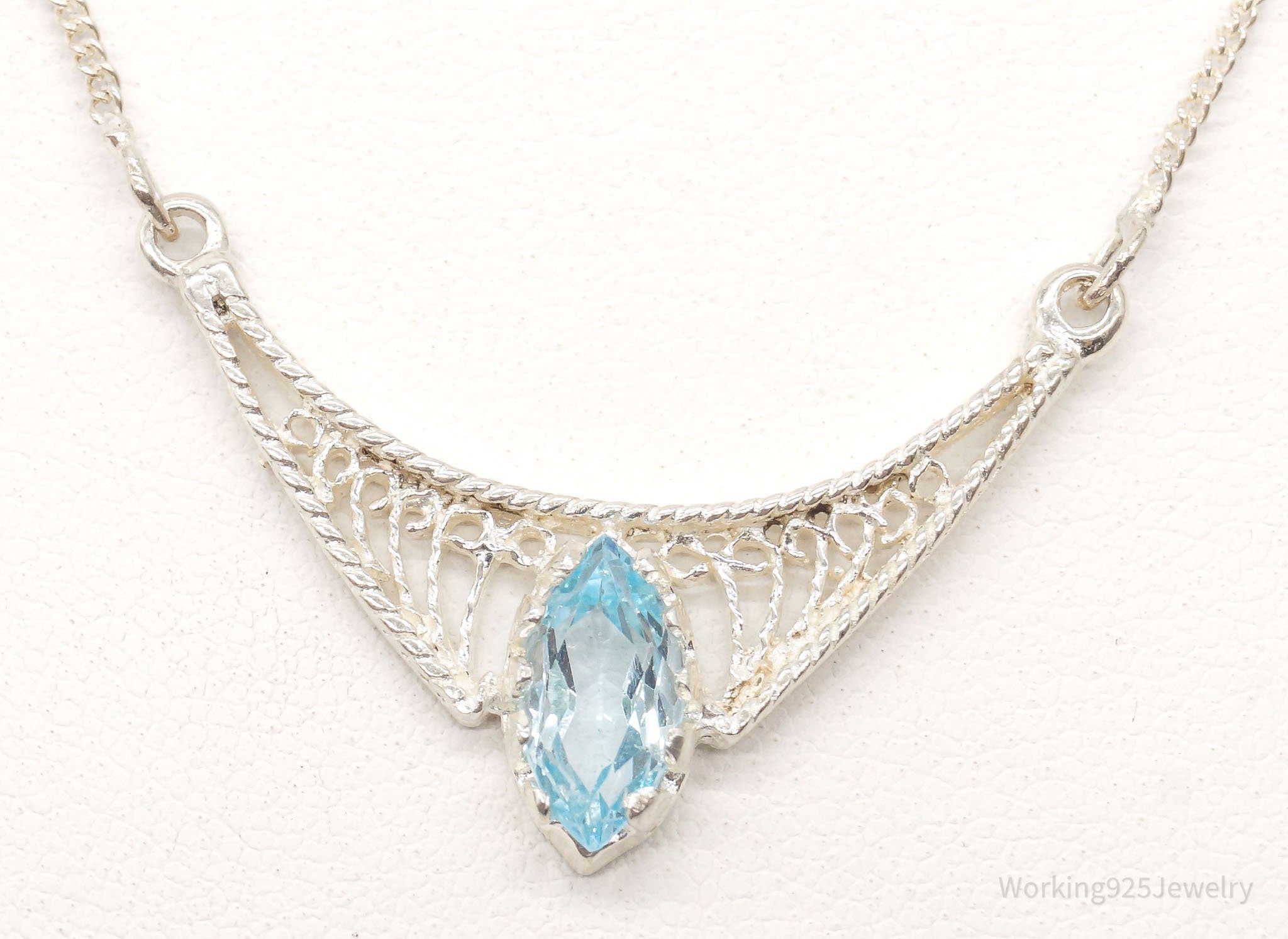 Vintage Blue Topaz Filigree Sterling Silver Chain Necklace