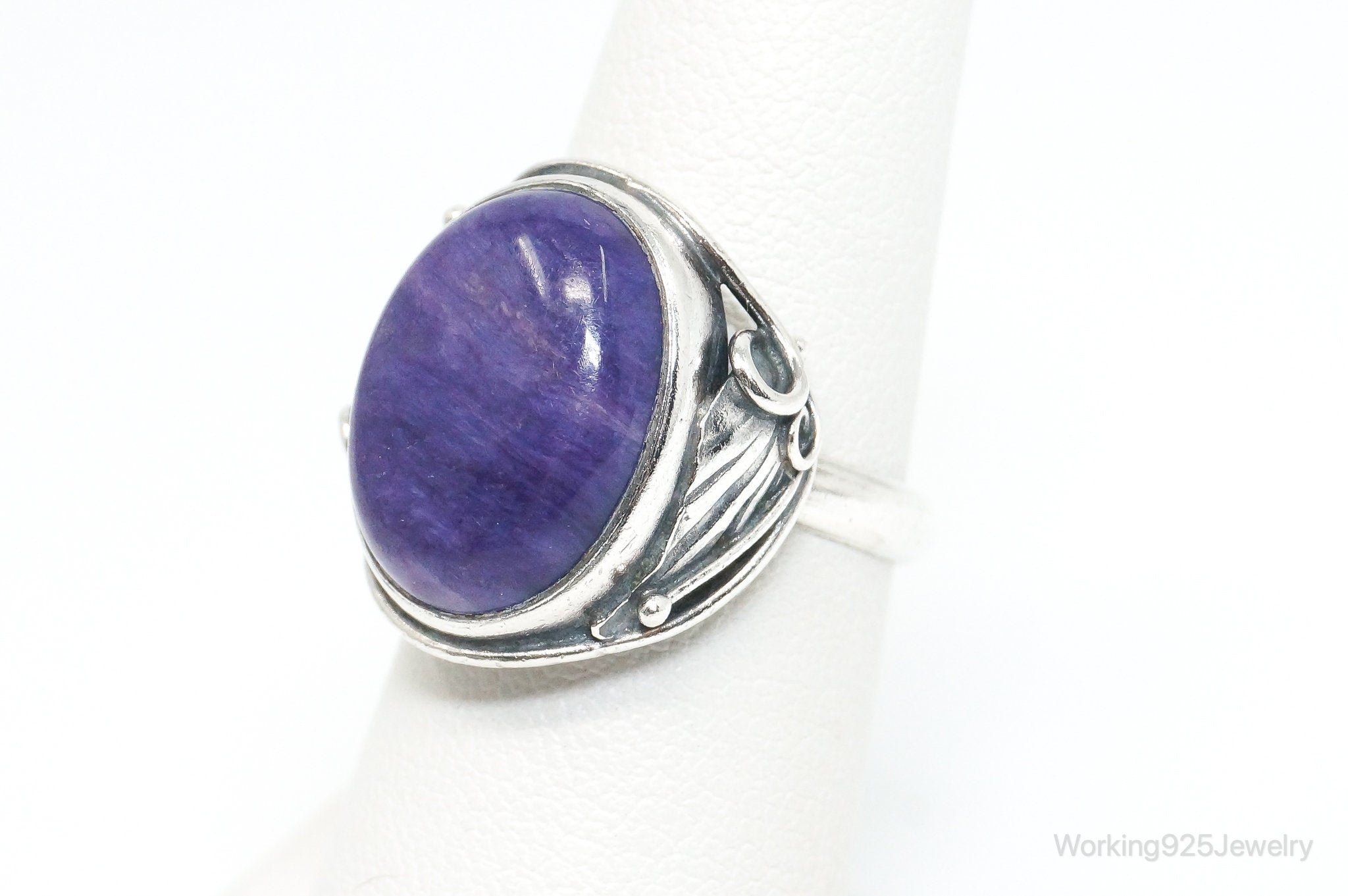 Vintage Designer WS Large Charoite Modernist Sterling Silver Ring - Size 6.5