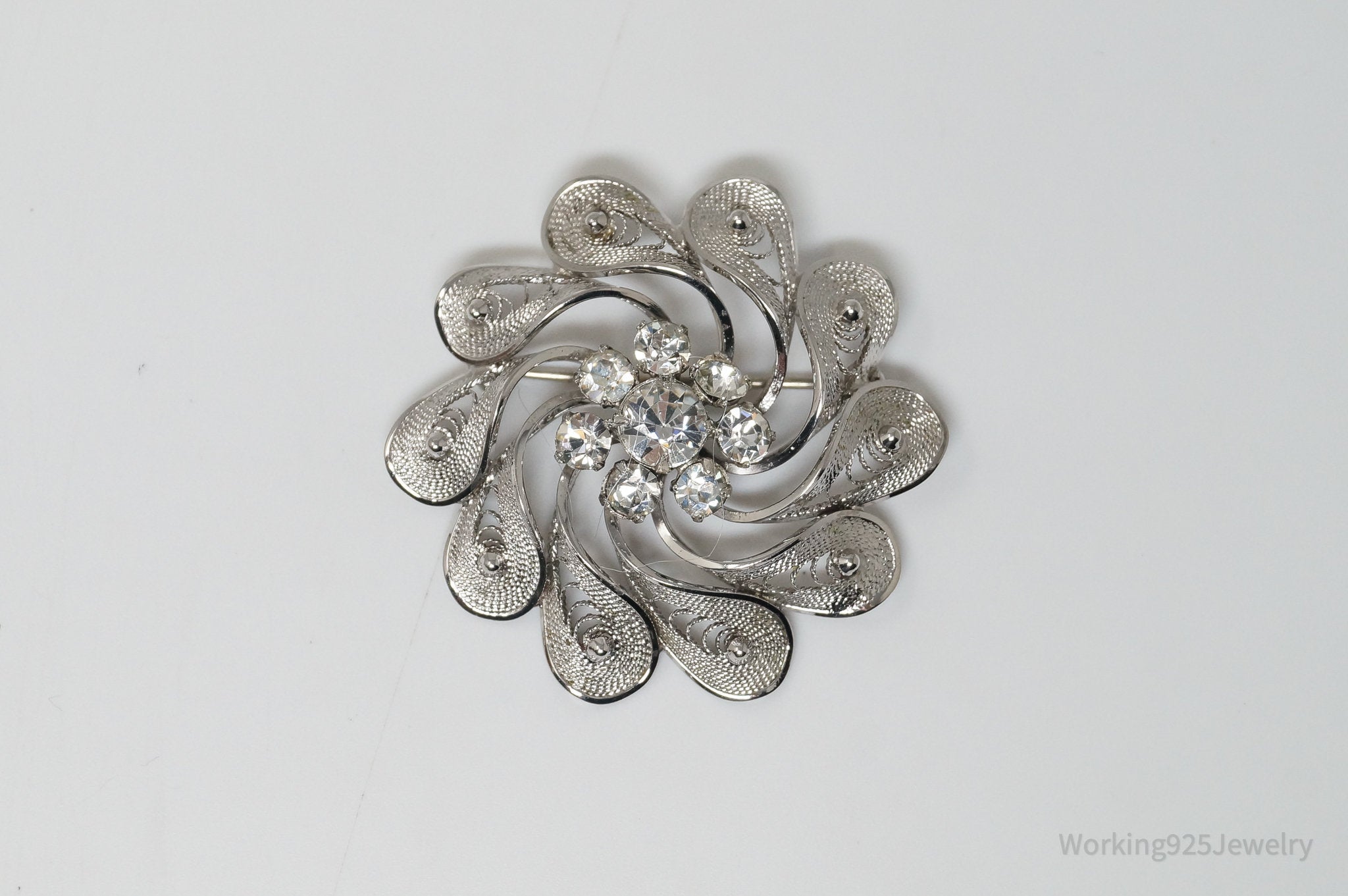 Vintage Designer Ann Lee Rhinestone Floral Filigree Sterling Silver Brooch