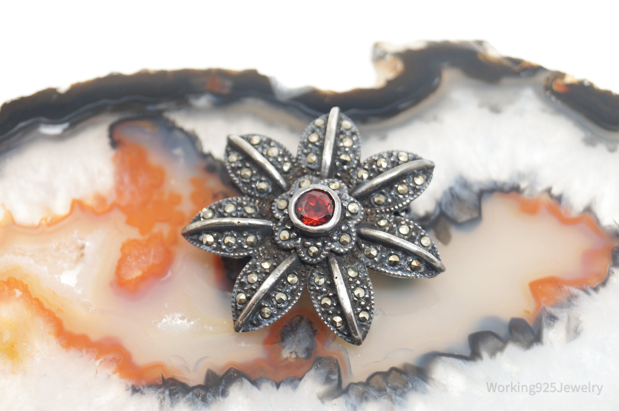 Vintage Garnet Marcasite Art Deco Style Floral Sterling Silver Brooch Pin