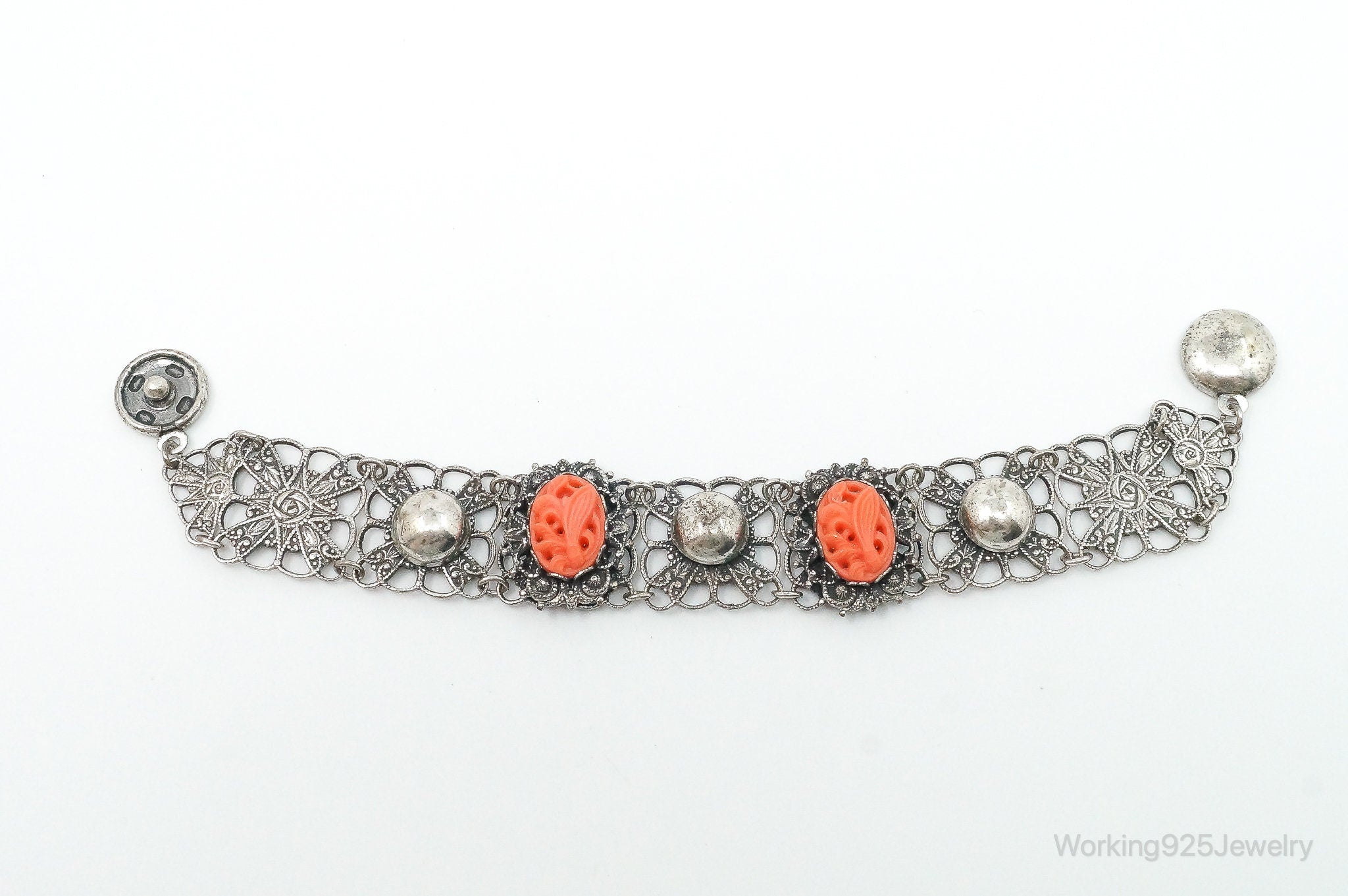 Antique Carved Coral Sterling Silver Bracelet