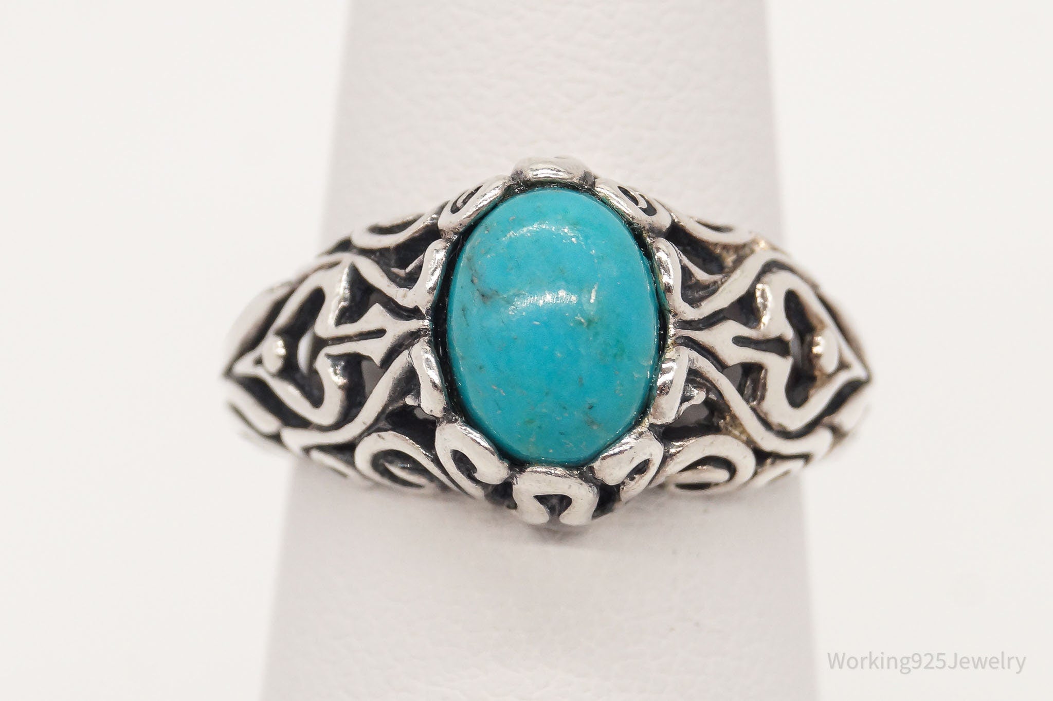 Vintage Blue Turquoise Scroll Swirl Sterling Silver Ring - Size 5