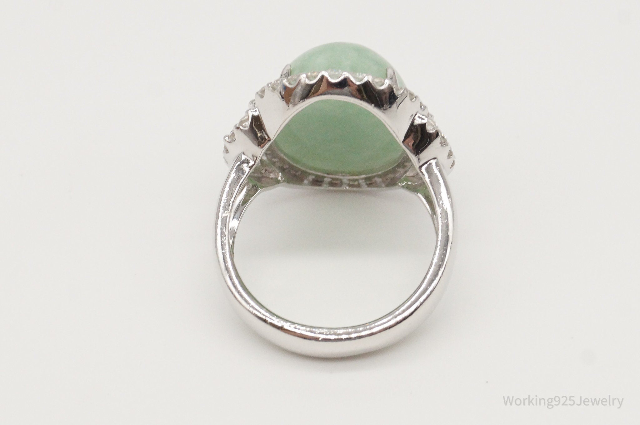 Vintage Green Jade Cubic Zirconia Sterling Silver Ring - Size 7