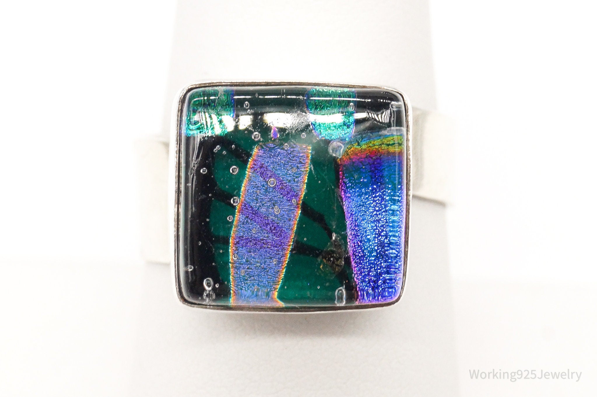 Vintage Dichroic Glass Sterling Silver Ring - Size 8.25 Adjustable