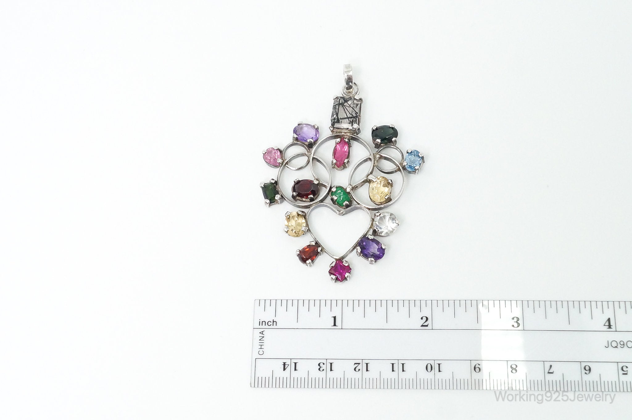 Large Vintage Multi Gem Sterling Silver Necklace Pendant