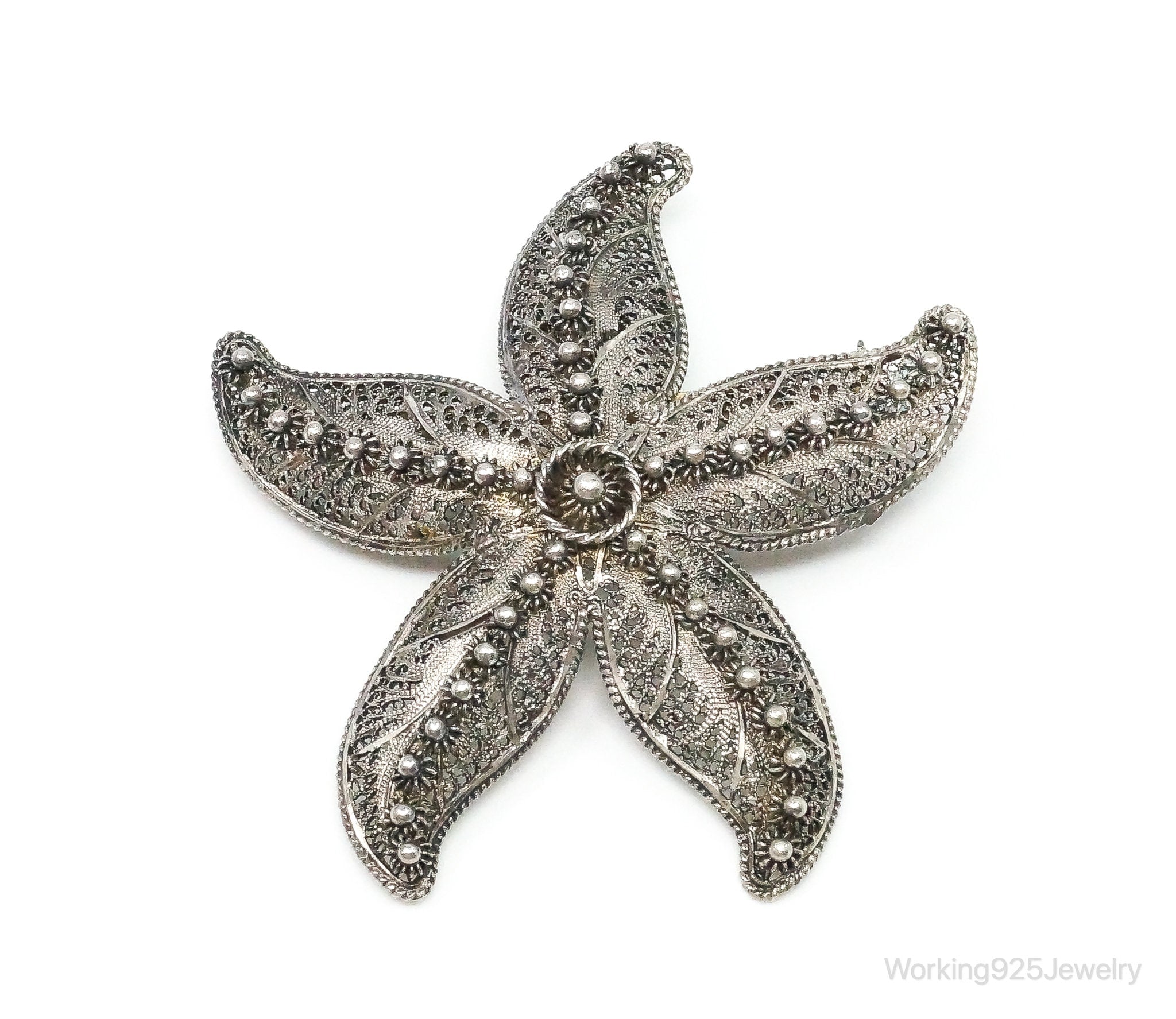 Vintage Designer Topazio Starfish Cannetille Sterling Silver Brooch Pin